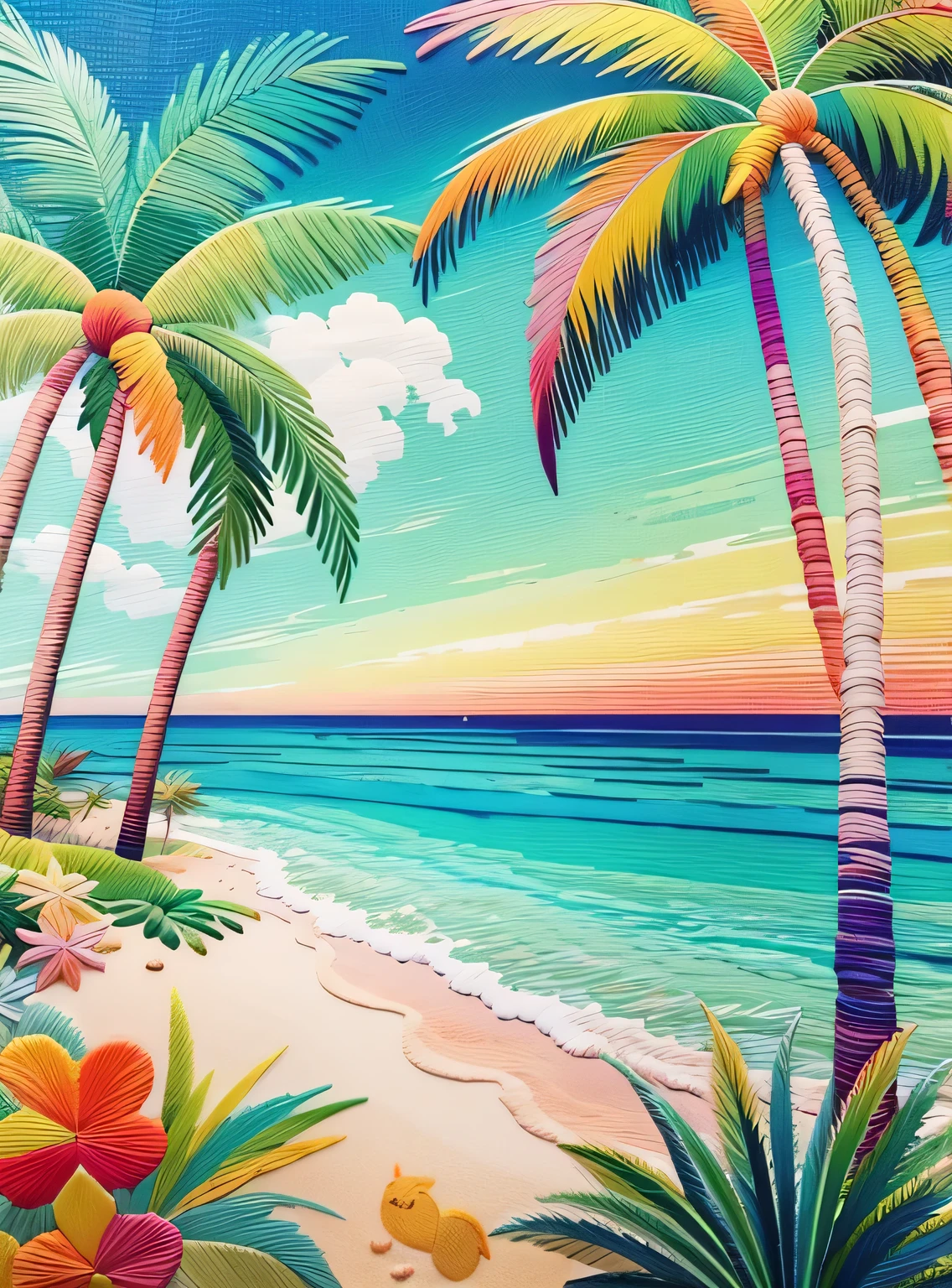 Praia bordada com palmeiras em diversas cores, Cores pastel