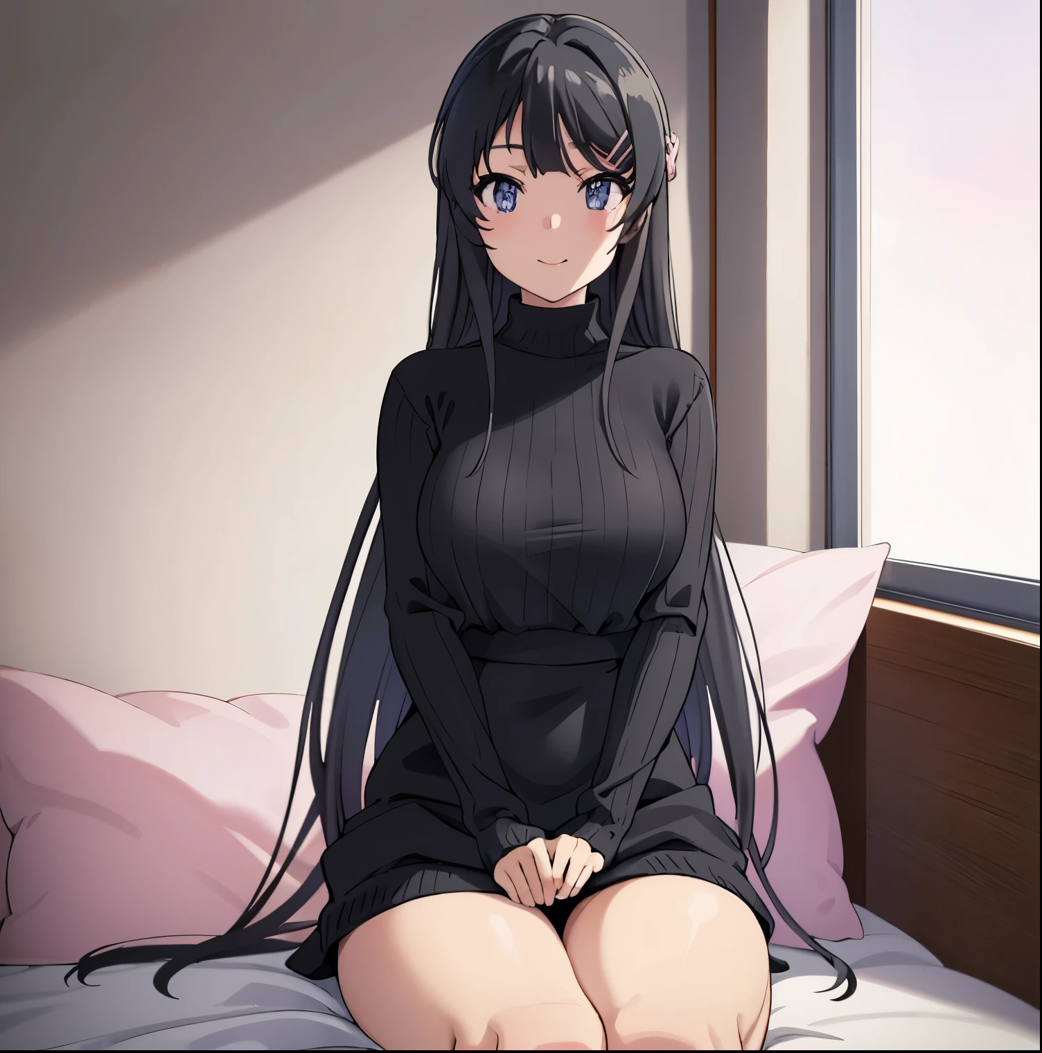 1girl,alone,masterpiece,best quality,8k wallpaper,beautiful detailed eyes,sakurajima_mai,long hair,black hair,white turtleneck sweater,black panties,big breasts,medium waist,wide hips,medium thighs,sitting in bed, legs open, seductive, smiling, mouth closed, perfect hands, perfect anatomy