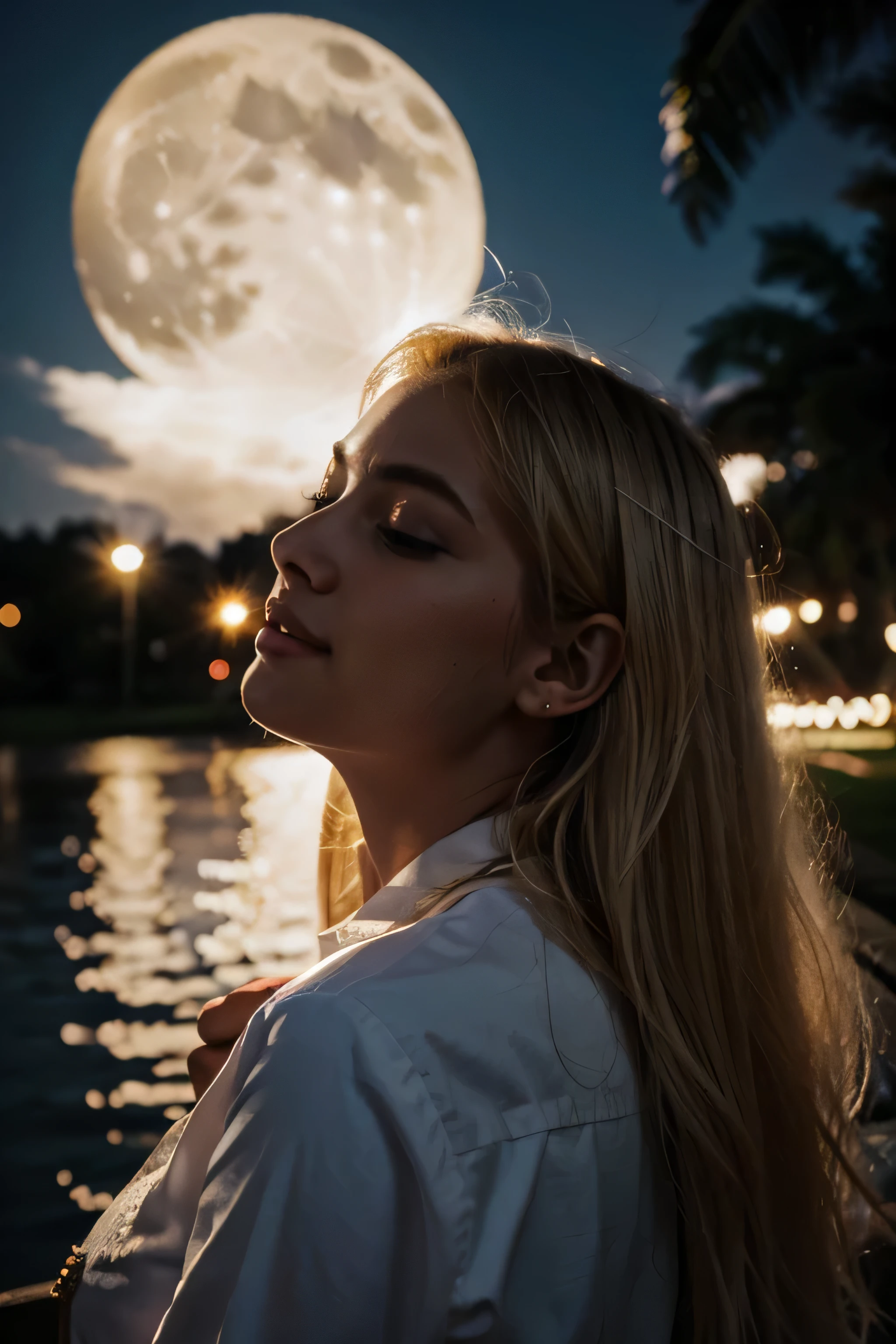 "The moon hangs high in the sky, its white brilliance a stark contrast to the darkness that surrounds it. Its presence happy girl blonde hair with sunglasses back view brings a sense of peace and wonder to the world below." The reflection of the moon appears so beautiful, with lights illuminating the angelic face of the girl.