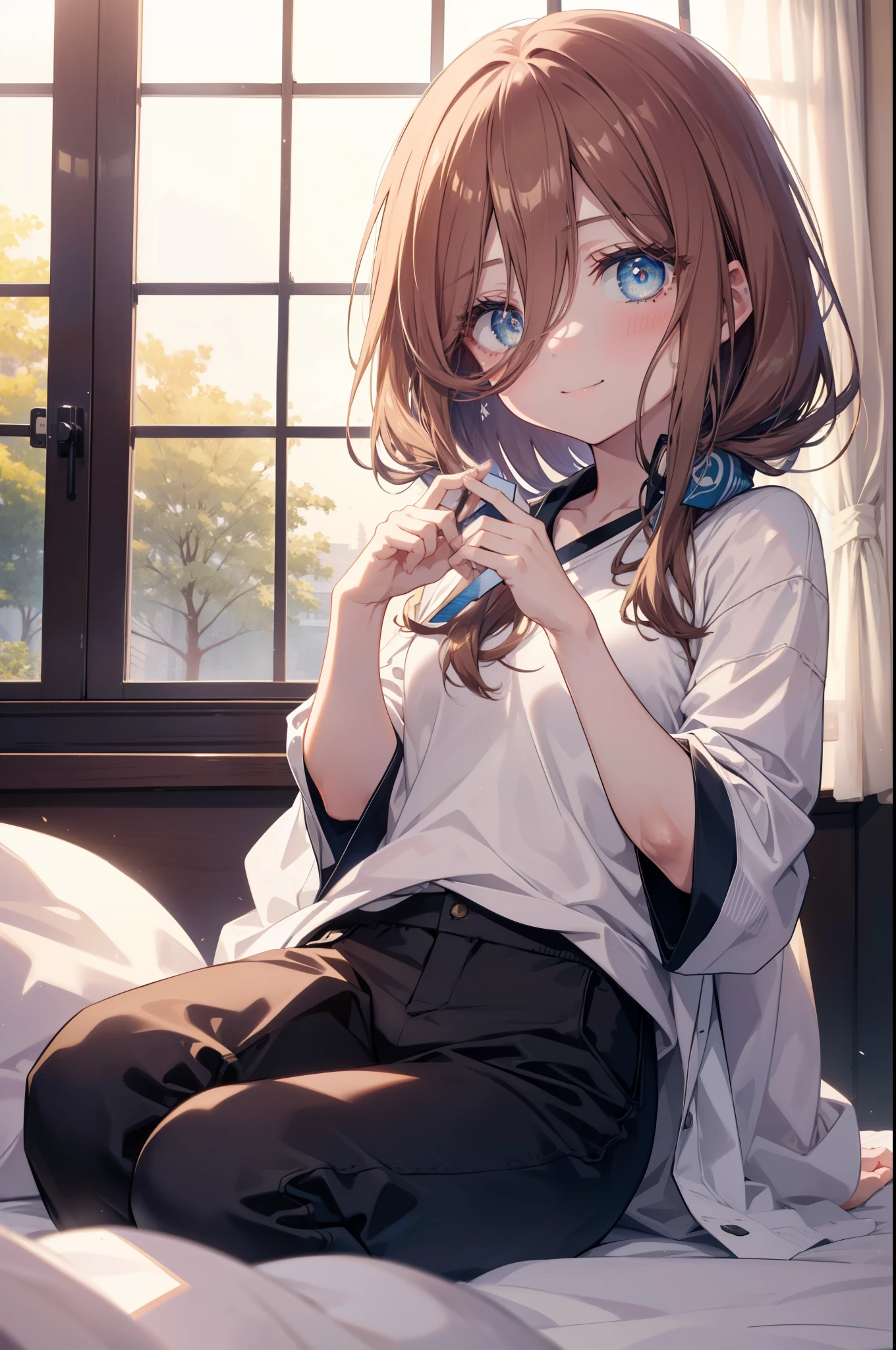 miku nakano, Nakano Miku Ticket III, long hair, bangs, blue eyes, brown hair, hair between eyes, Wake up,sleepy,T-shirt slightly open,black string pants,barefoot,smile,Bedroom, covered with a blanket, windows,ロマンチックなmorning日,morning,extreme light,sitting on the bed,
break indoors, Bedroom,
break (masterpiece:1.2), highest quality, High resolution, unity 8k wallpaper, (shape:0.8), (beautiful and detailed eyes:1.6), highly detailed face, perfect lighting, Very detailed CG, (perfect hands, perfect anatomy),
