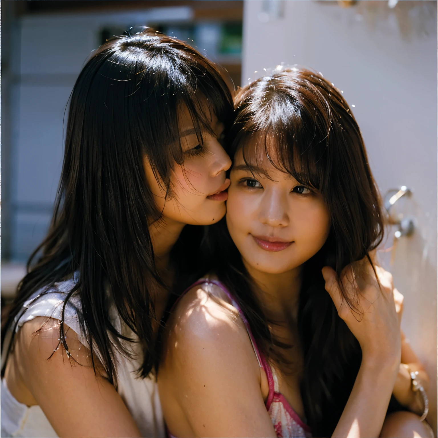 two amazingly beautiful women, kiss passionately, touch your lips, hug me tightly, interpretation, lesbian, In the small bathroom, under the shower, Wet, soaking wet, greedy
