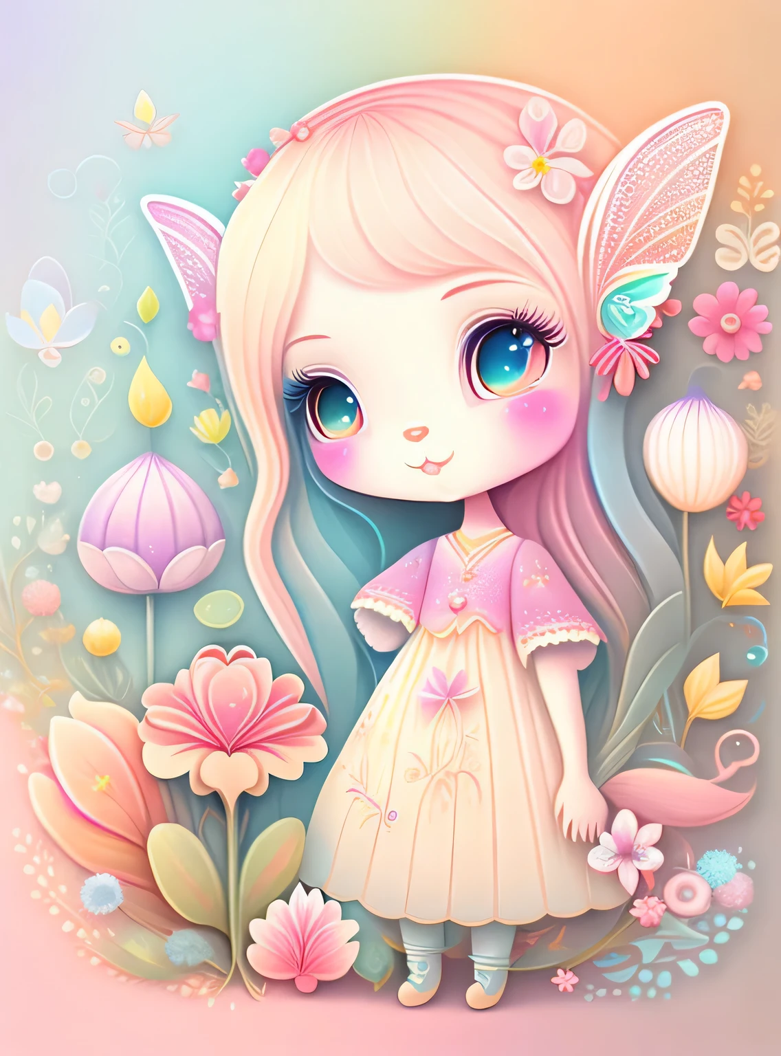 the colorida abstract of cute little fairy and elfs and flowers, (colorida,altamente detalhado,arte vetorial) Cores pastel