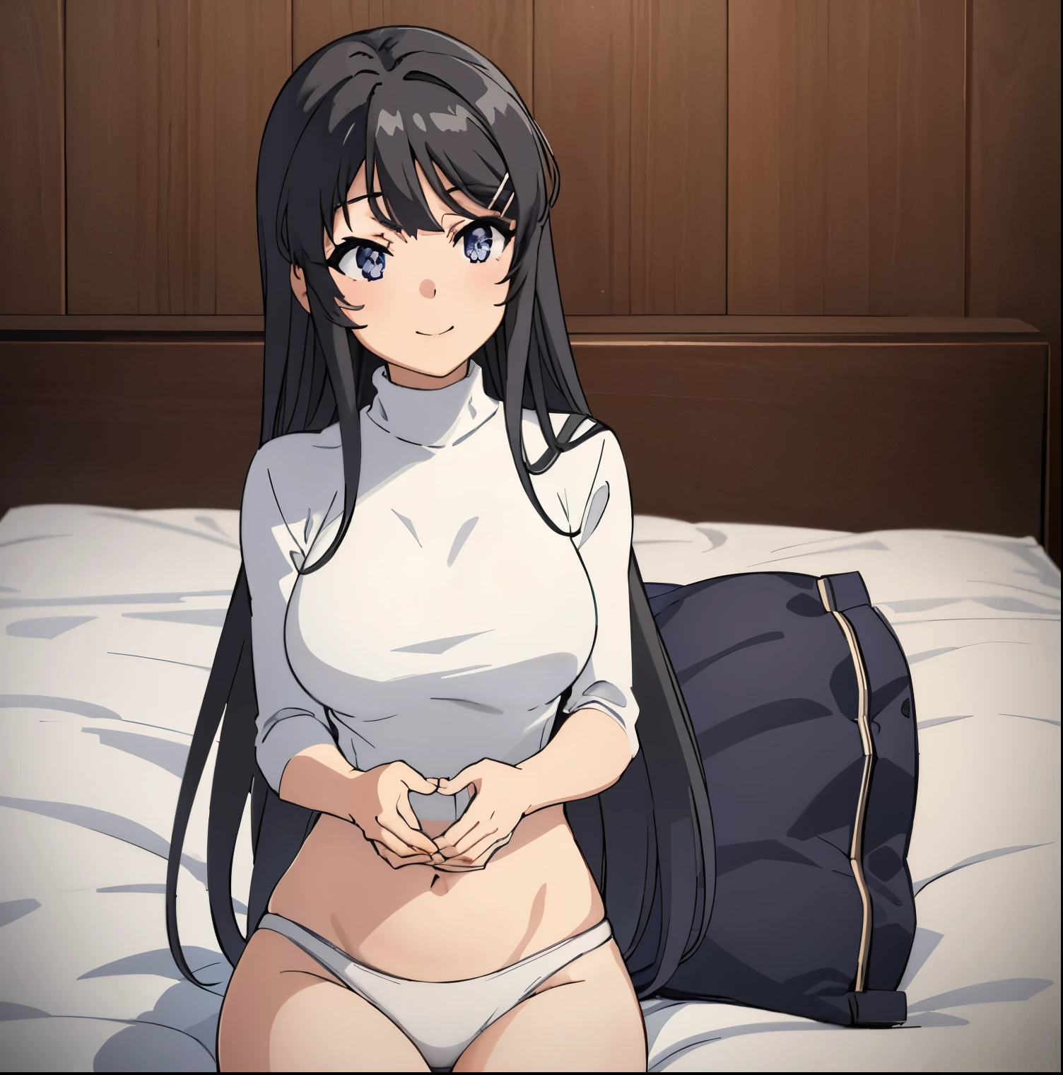 1girl,alone,masterpiece,best quality,8k wallpaper,beautiful detailed eyes,sakurajima_mai,long hair,black hair,white turtleneck sweater,black panties,big breasts,medium waist,wide hips,medium thighs,sitting in bed, legs open, seductive, smiling, mouth closed, perfect hands, perfect anatomy