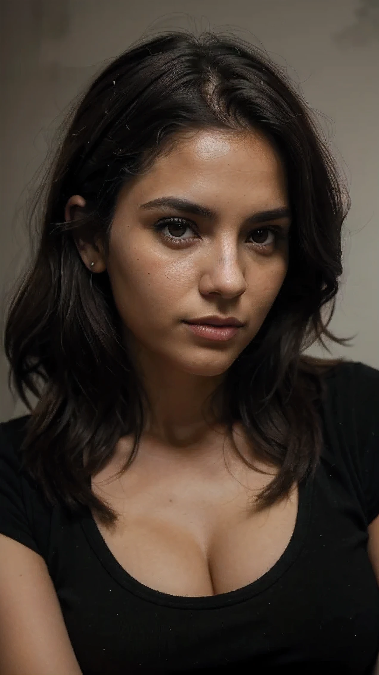 (8K, foto cruda, Mejor calidad, Obra maestra:1.2), (Realista, photo-Realista:1.37), Professional lighting, mapeo de fotones, radiosidad, Mujer de ojos verdes, llamada Mia, 19 years, Ultra realistic photography, cuerpo completo impecable, cinematic lut, biomechanical, piel suave, cabello gris, retrato de rostro ultra cercano de Lee Jeffries, mechanical face, cabello intrincadamente detallado y piel, neon and black, Mia is in the bronx wearing a black top where you can see her navel and wide pants in the 90s hip hop style, peinado sofisticado. y maquillaje para combinar con su apariencia, hair is usually tied in a bun or soft waves, el maquillaje puede incluir sombras de ojos llamativas y colores llamativos en los labios, portrait look towards the camera, taken with Leica C2 camera, bokeh, poca profundidad de campo. , retrato, 8K resolution