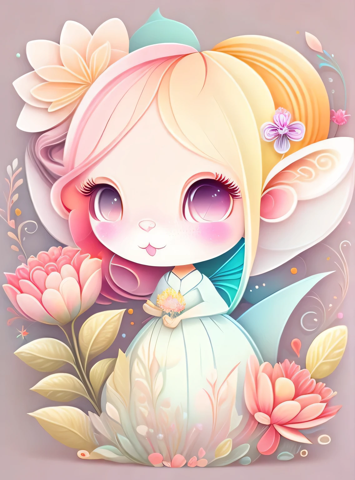 the colorida abstract of cute little fairy and elfs and flowers, (colorida,altamente detalhado,arte vetorial) Cores pastel