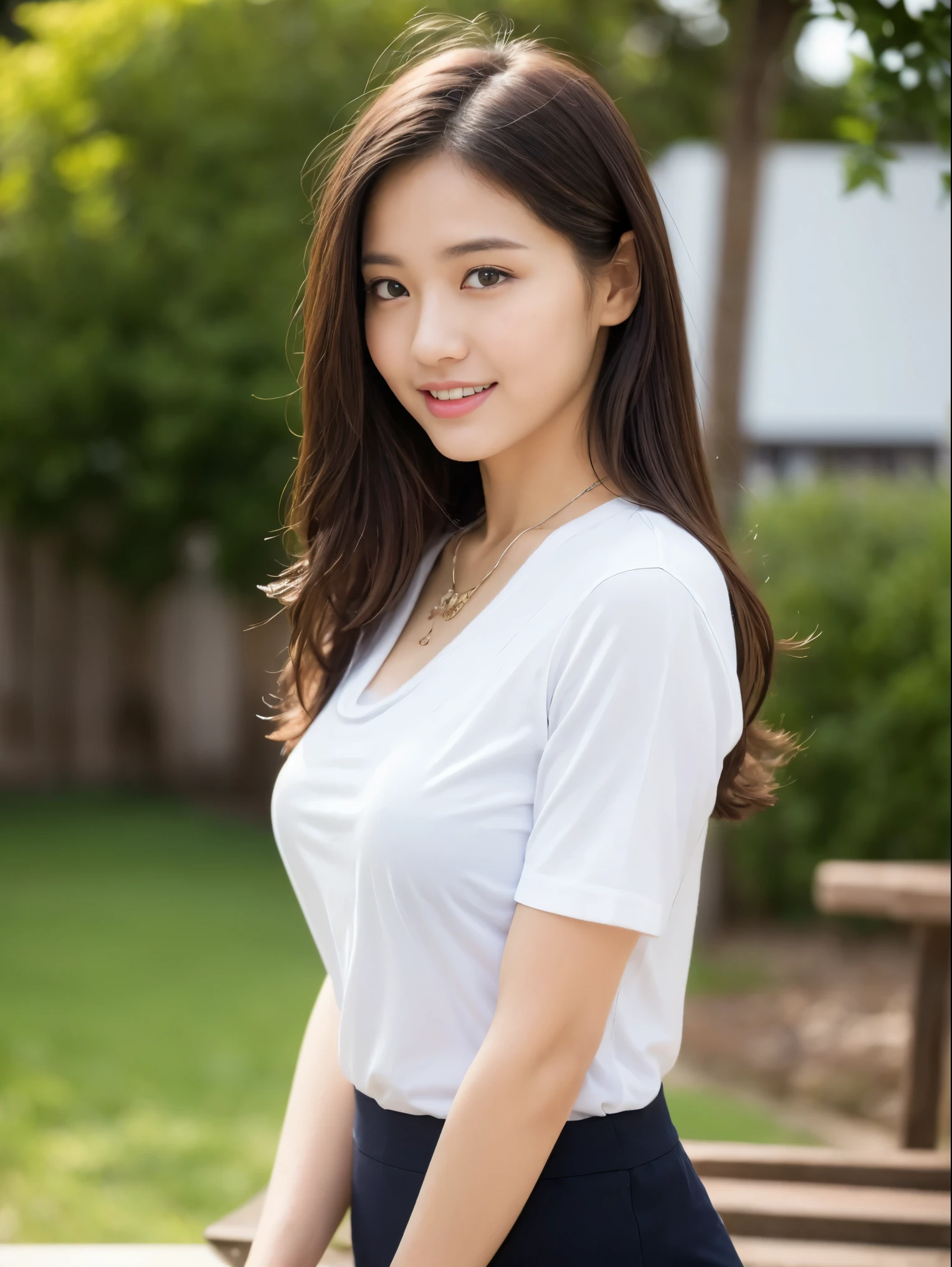 highly detailed full body, from the knees up, cute clothes, (pale), 18 year old girl with perfect face, big breasts, one girl, alone, (detailed face), (perfect detailed eyes: 1.1), (very fine skin: 1.1), sliver necklace, slim, skinny, thin, skinny, good looking, Waiter, perfect athletic body, white shirt, model shooting style, professional photography, photorealistic, cinematic, realistic, sunset, garden, real human skin, (fine skin pores), highly detailed eyes, fine skin, skin texture, intricately detailed, small details, born, analog, sharp focus, born, 8K UHD, High resolution, Digital single-lens reflex camera, high quality, Fujifilm XT3, award-winning, masterpiece, sexy pose, dancing, (High resolutionスキン : 1.4), (RAW photo, 最high quality), (realistic, photorealistic: 1.7), smile, cute pose,