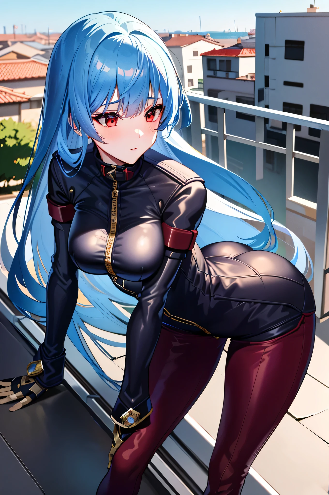 ((ultra detailed, masterpiece, absurdres)) KOFKulaD, 1girl, long hair, blue hair, red eyes, bangs,Red wine, bodysuit, gloves, zipper, overlooking the classroom from a rooftop, chic outfit, standing
