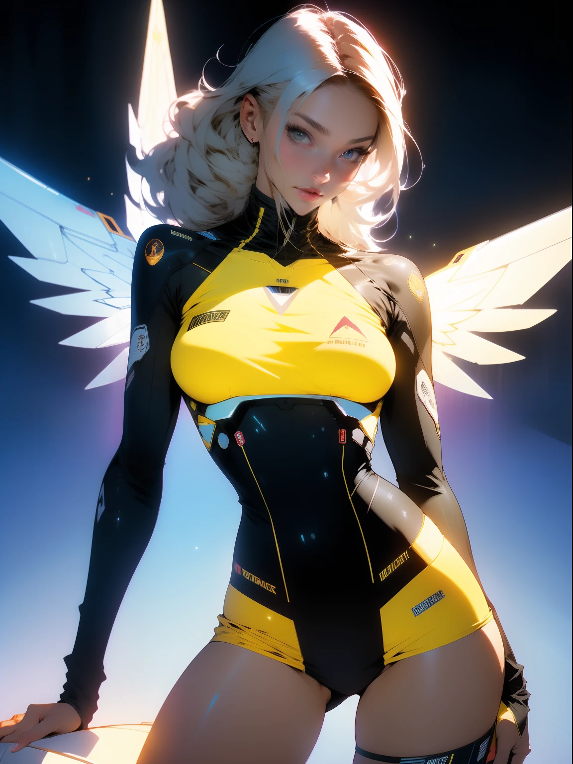 ((Best quality)), ((masterpiece)), (detailed: 1.4), (Absurd), Caucasian woman fighter pilot ready for war, perfect body, Trinity hair from The Matrix, defined muscles, bare half-thick thighs, closed mouth, only in panties, muscular body covered in technological clothing, Neon Genesis Evangelion style, cyberpunk, generous neckline, ((perfect large breasts)), (blue eyes without pupils), ((70% yellow clothing)), (((super short black straight hair)))), (thin stripes covering breasts), (Psychedelic tattoo on the arms), ((drawings of a devil on the arms)), Australia, short underwear, garter belt, by mucha, niji --V5, close to real, psychopath, crazy face, sexy pose, background with a giant Gundam style Robot head, 2 piece clothing, shoulder pads with airplane wings, pastel, centered, scale to fit dimensions, HDR (High Dynamic Range),Ray Tracing,NVIDIA RTX,Super-Resolution,Unreal 5,Subsurface dispersion, PBR texture, Post-processing, Anisotropic filtering, Depth of field, Maximum clarity and sharpness, Multilayer textures, Albedo and specular maps, Surface shading, Accurate simulation of light-material interaction, Perfect proportions, Octane Render, Two-tone lighting, Wide aperture, Low ISO, White balance, Rule of thirds, 8K RAW, crysisnanosuit
