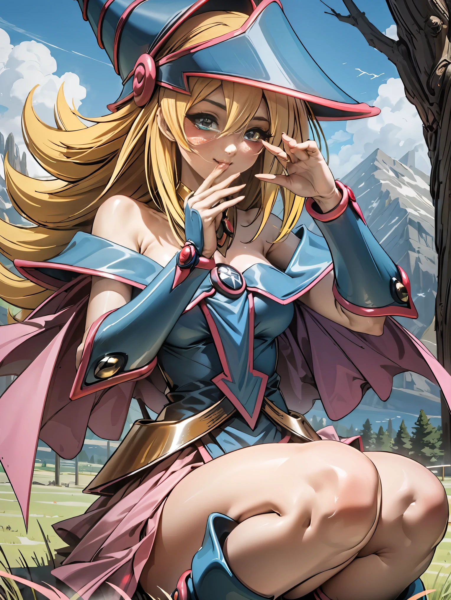 Ereshkigal in the series of destiny sitting on the grass under a tree looking at the viewer watching smiling, feliz, winking, blowing a kiss with a beautiful mountain landscape behind her from a distant view