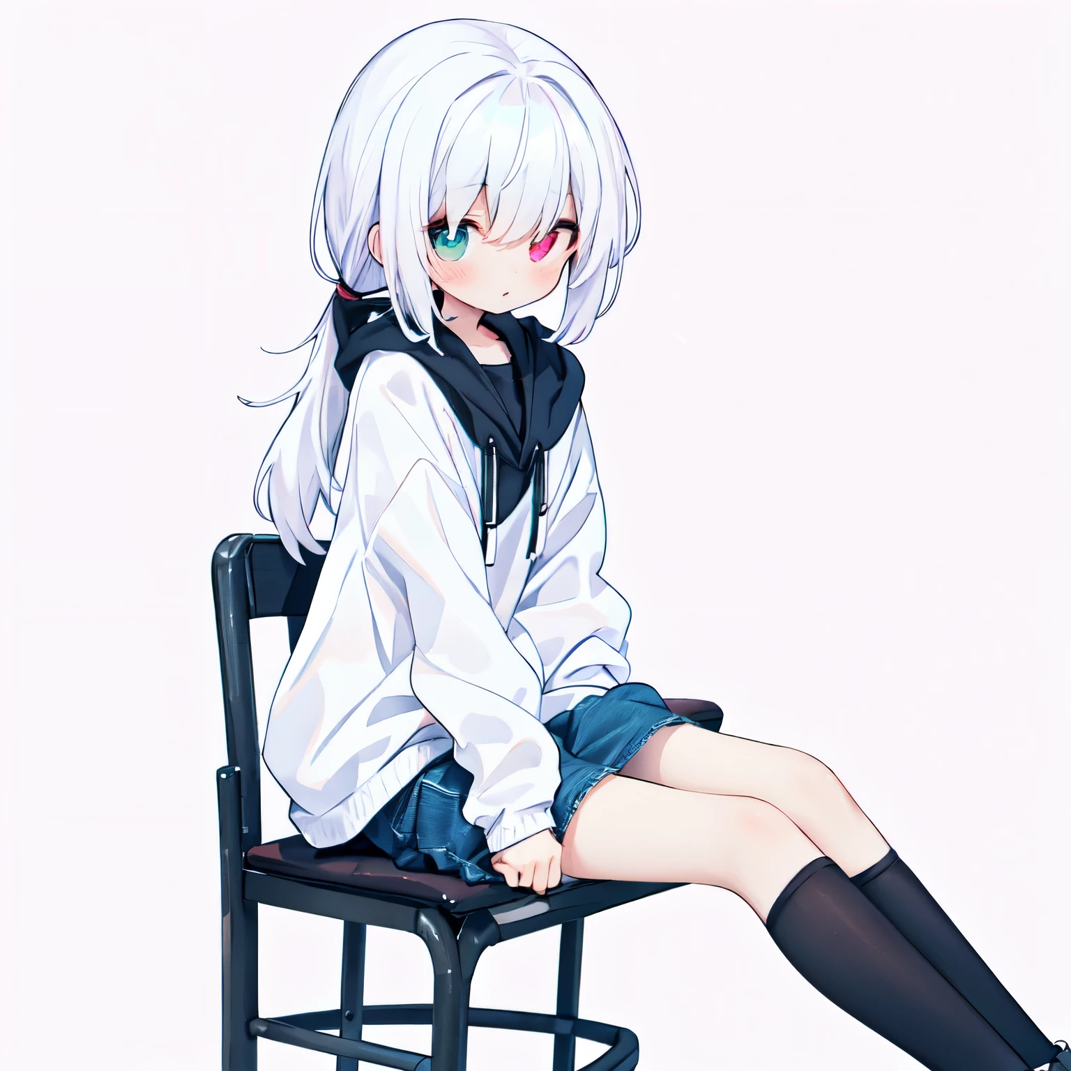 (masterpiece), highest quality, expressive eyes, perfect face, The girl is sitting on a chair in the studio with her back to the pink wall, 1 girl, alone, shoes, Shadow, hood, black hair, ((white hair in a high ponytail：1.3))、heterochromia、, long denim skirt, sitting, pink background, 白いshoes, white hoodie, hood down