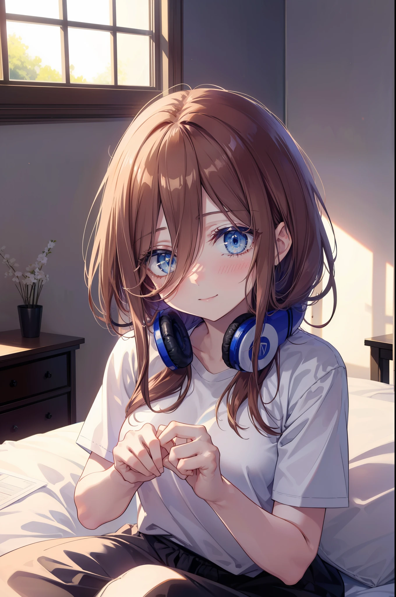 miku nakano, Nakano Miku Ticket III, long hair, bangs, blue eyes, brown hair, hair between eyes, Wake up,sleepy,T-shirt slightly open,black string pants,barefoot,smile,Bedroom, covered with a blanket, windows,ロマンチックなmorning日,morning,extreme light,sitting on the bed,
break indoors, Bedroom,
break (masterpiece:1.2), highest quality, High resolution, unity 8k wallpaper, (shape:0.8), (beautiful and detailed eyes:1.6), highly detailed face, perfect lighting, Very detailed CG, (perfect hands, perfect anatomy),