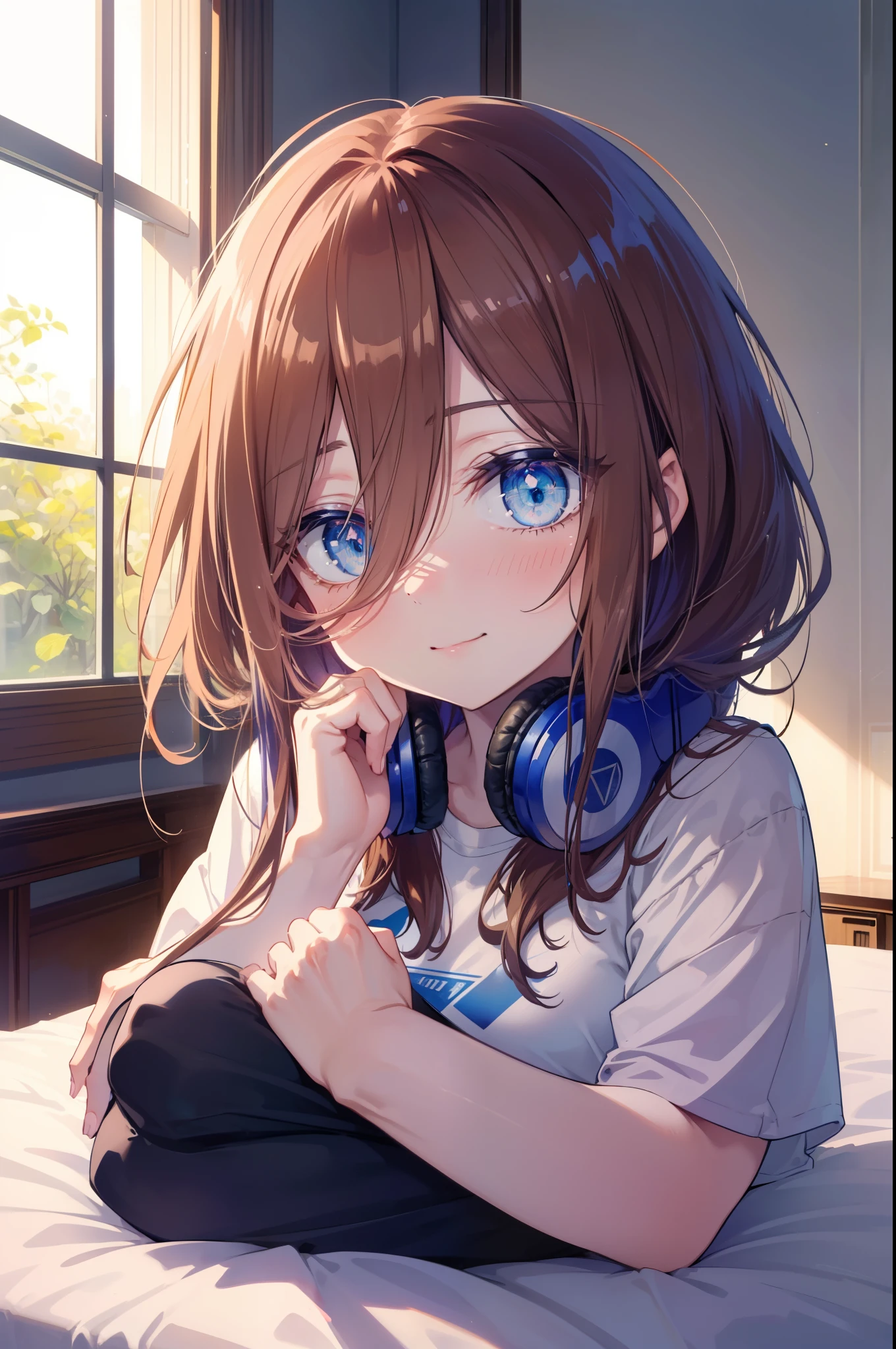 miku nakano, Nakano Miku Ticket III, long hair, bangs, blue eyes, brown hair, hair between eyes, Wake up,sleepy,T-shirt slightly open,black string pants,barefoot,smile,Bedroom, covered with a blanket, windows,ロマンチックなmorning日,morning,extreme light,sitting on the bed,
break indoors, Bedroom,
break (masterpiece:1.2), highest quality, High resolution, unity 8k wallpaper, (shape:0.8), (beautiful and detailed eyes:1.6), highly detailed face, perfect lighting, Very detailed CG, (perfect hands, perfect anatomy),