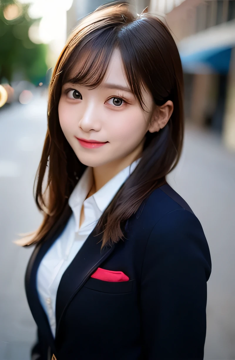 table top, highest quality, super detailed, finely, High resolution, 8k wallpaper, perfect dynamic composition, 1 girl, japanese girl, enchanting smile, smile shyly, beautiful, Very good-looking, cute like a doll, female idol, round big eyes, droopy eyes, small nostrils, 緻密でbeautiful目,  natural lip,blazer ,school uniform, big breasts, whole body, soft light, using a reflector, (50mm lens:1.3), f/1.4, (Bokeh:1.4), (blurred background:1.4),