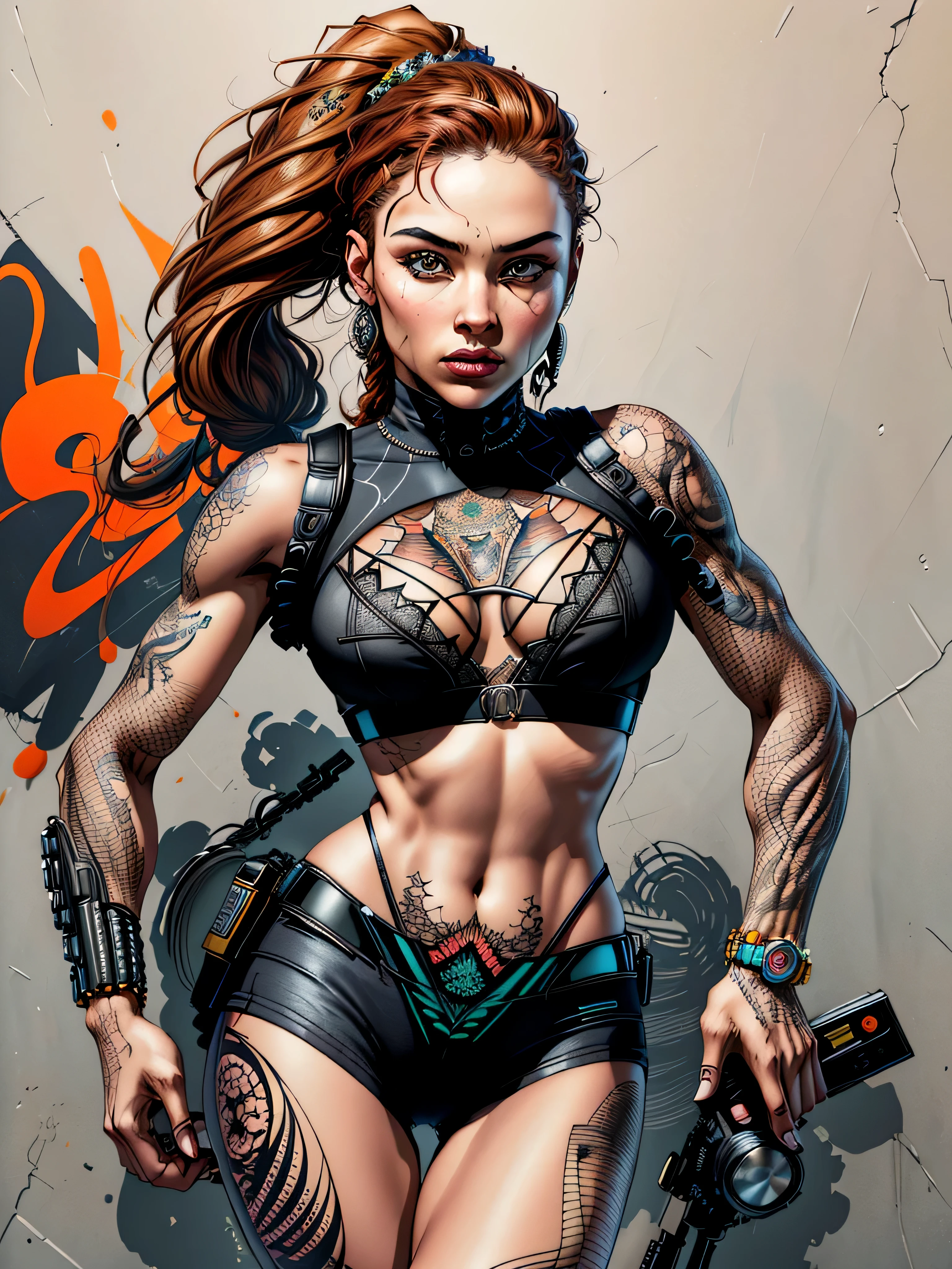 Craft an exquisite, high-resolution 4K masterpiece Draw a young latina skin Woman with inked, outlined, masterpiece, best quality, highly detailed, 8k, sharp focus, rapper, detailed eyes, West Coast, hip-hop street art style, graffiti, wearing dynamic angle, dynamic pose, wearing streetwear Designer Outfit, 8K resolution concept art, realism,The piece should be available in HD, Ultra HD, and 4K resolutions.