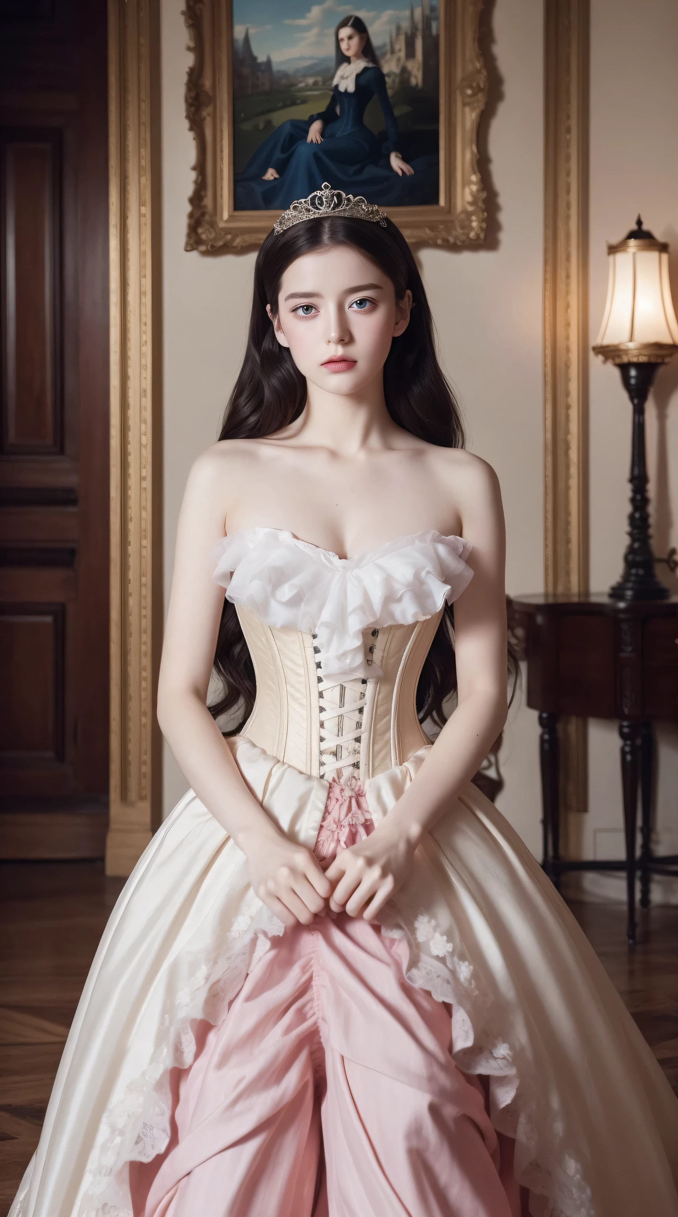 Masterpiece, perfect long legs, corset, large pink and white Victorian dress, wavy black hair, blue eyes, inside a castle, sitting, elegant, small pointy nose, pretty, princess