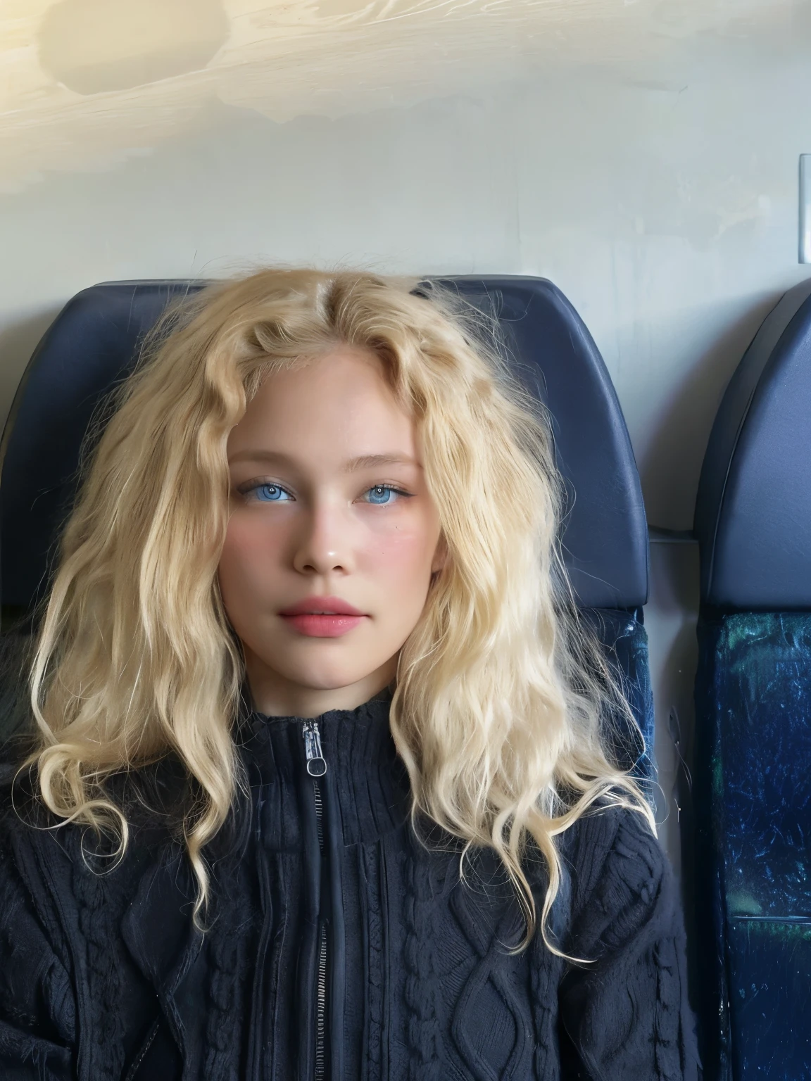 blonDe woman with blue eyes sitting on a train seat, pale skin curly blonD hair, o cabelo dela é branco, very very curly blonD hair, sem maquiagem, blonDe curly hair, sem maquiagem cabelos ondulados, curly blonD, blonD curly hair, curly blonDe hair | D & D, messy blonD hair, curly miDDle part haircut, curly blonD hair, cabelo branco cacheado