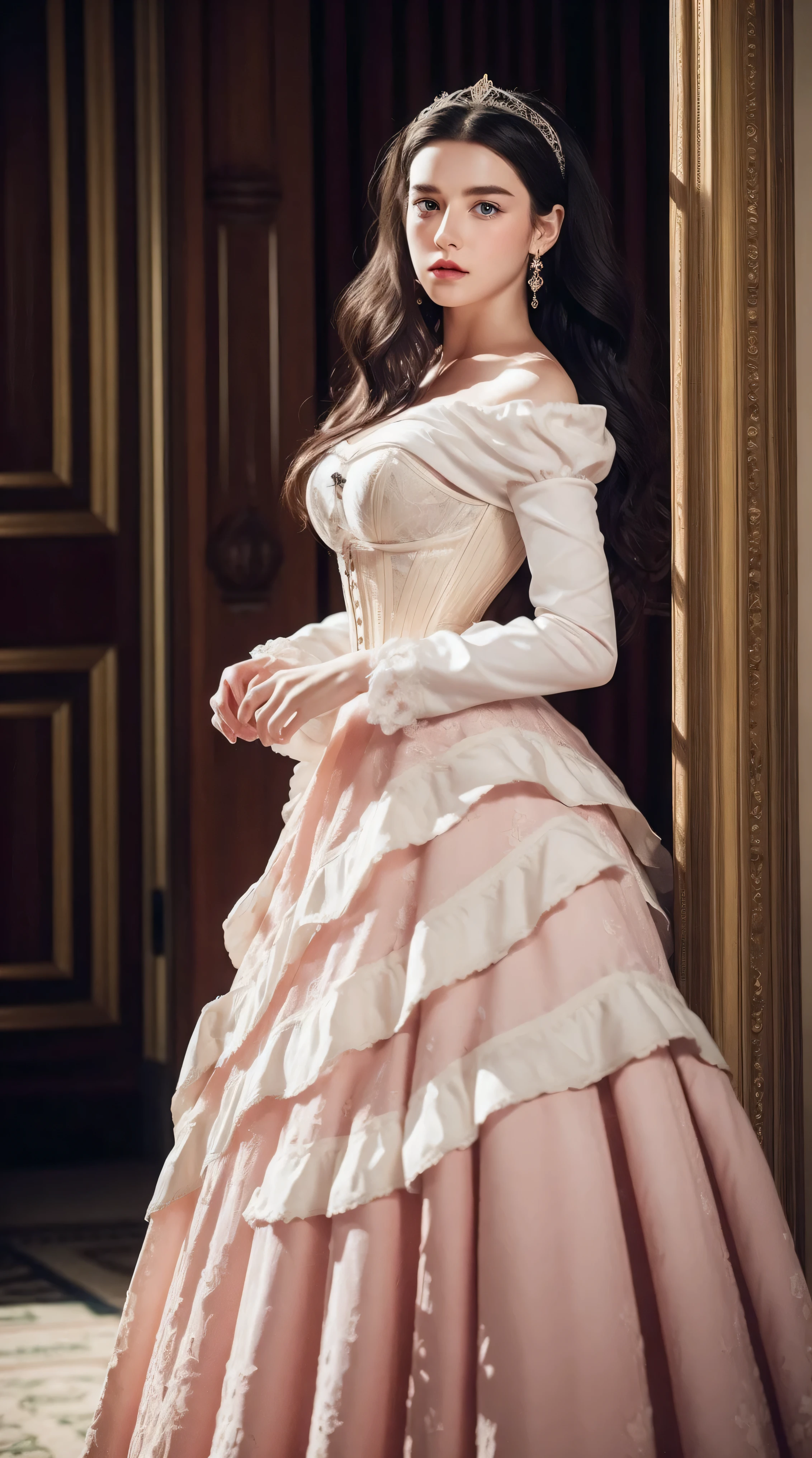 Masterpiece, perfect long legs, corset, large pink and white Victorian dress, wavy black hair, blue eyes, inside a castle, standing, elegant, small pointy nose, pretty