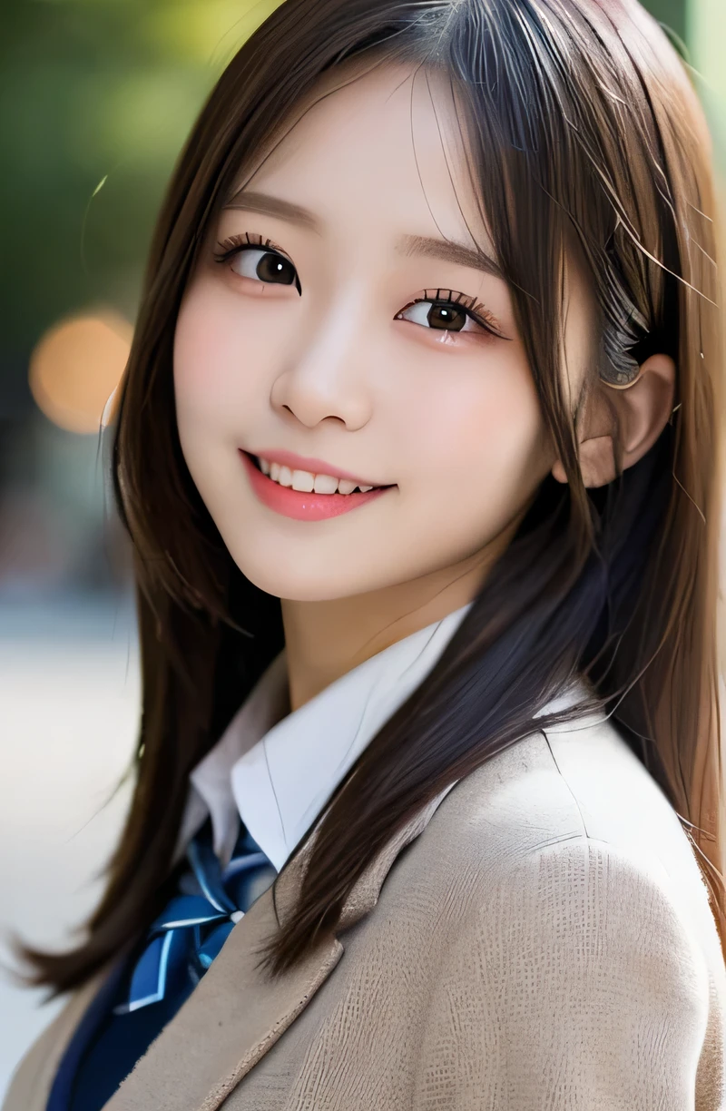 table top, highest quality, super detailed, finely, High resolution, 8k wallpaper, perfect dynamic composition, 1 girl, japanese girl, enchanting smile, smile shyly, beautiful, Very good-looking, cute like a doll, female idol, round big eyes, droopy eyes, small nostrils, 緻密でbeautiful目, natural lip,blazer ,school uniform, big breasts, bust shot, soft light, using a reflector, (50mm lens:1.3), f/1.4, (Bokeh:1.4), (blurred background:1.4),