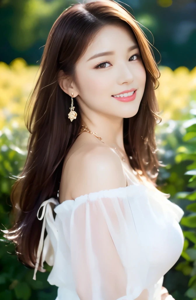 (18-year-old sweetheart), (big breasts:1.3), background flower field、riding a retro bicycle、Off-shoulder long dress with white ruffles、let your hair blow in the wind、(masterpiece: 1.3), (maximum resolution: 1.4), (Super high quality: 1.2), cinematic light, Super high quality,My cheeks turned red:1.2、 (beautiful eyes and skin), (detailed facial features), nffsw, 8K resolution, perfect style, beautiful expression、Highly detailed face and skin texture、detailed eye、double eyelid、glitter eyeliner:1.2、shiny skin、(pure white skin:1.8)、(white skin:1.8)、red rouge、dark lipstick:1.2、small shiny necklace and earrings、(glossy lips:1.2)、glossy lips:1.2、((full body shot:1.2))、(straight hairstyle、light brown hair)、long hair、(very kind smile:1.3)、175cm、daytime