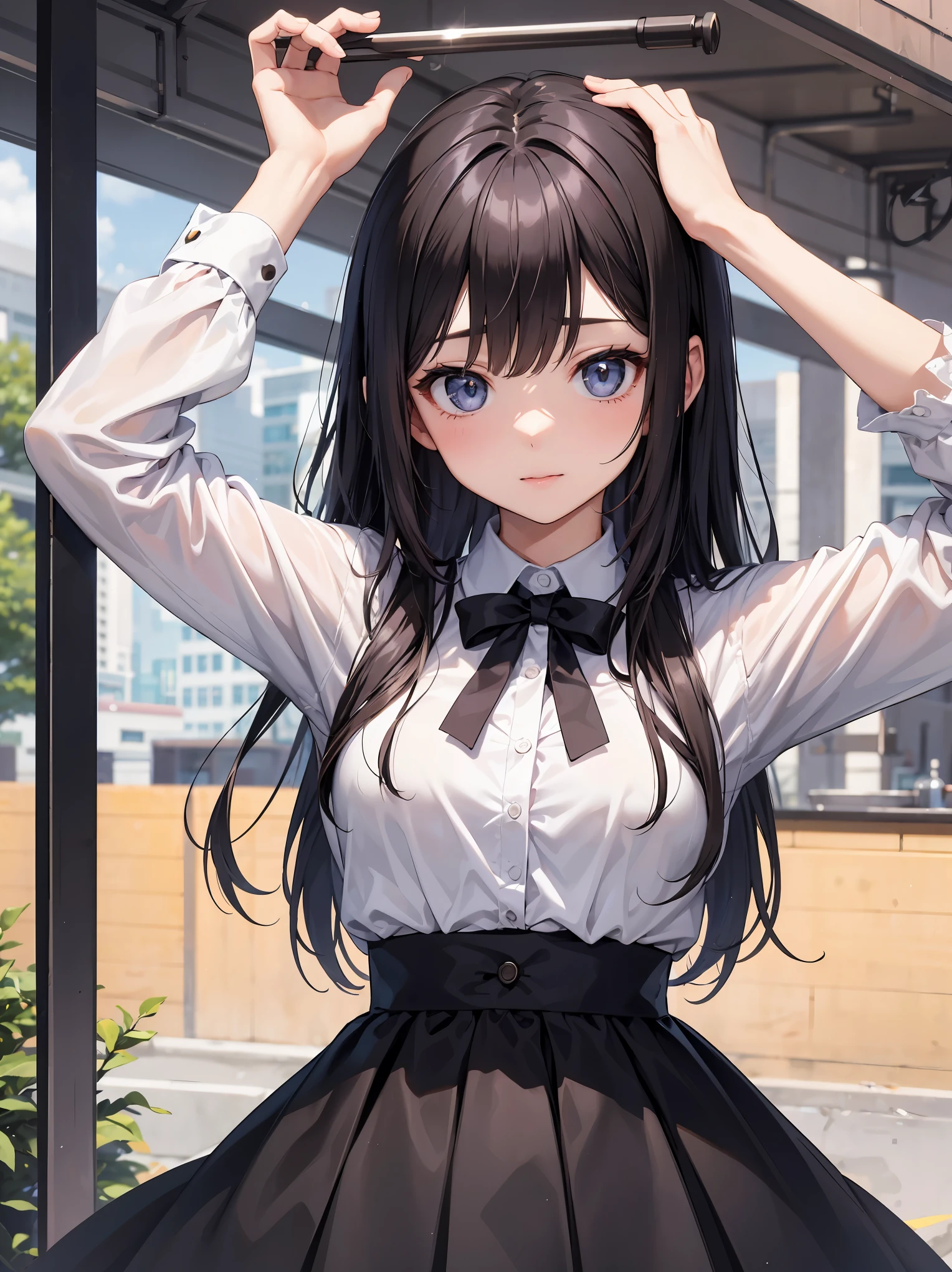 1girl in、The shirt、skirt by the、()、Putting up with、In the midst of patience、Upper body portrait、