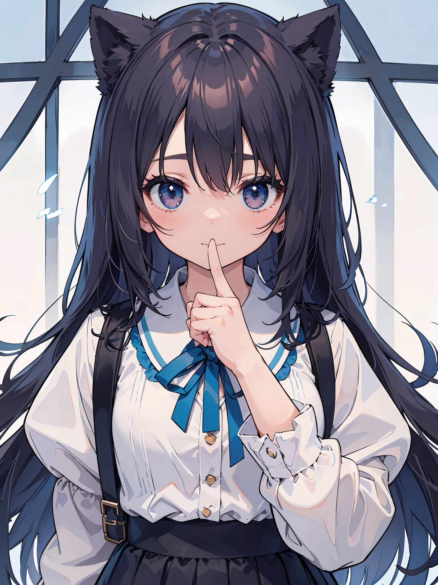 1girl in、The shirt、skirt by the、()、Putting up with、In the midst of patience、Upper body portrait、