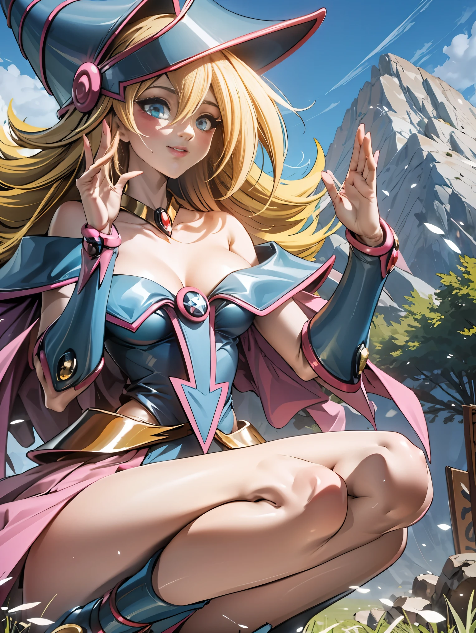 Ereshkigal in the series of destiny levitating in the grass under a tree looking at the viewer looking on smiling, feliz, winking, blowing a kiss with a beautiful mountain landscape behind her from a distant view