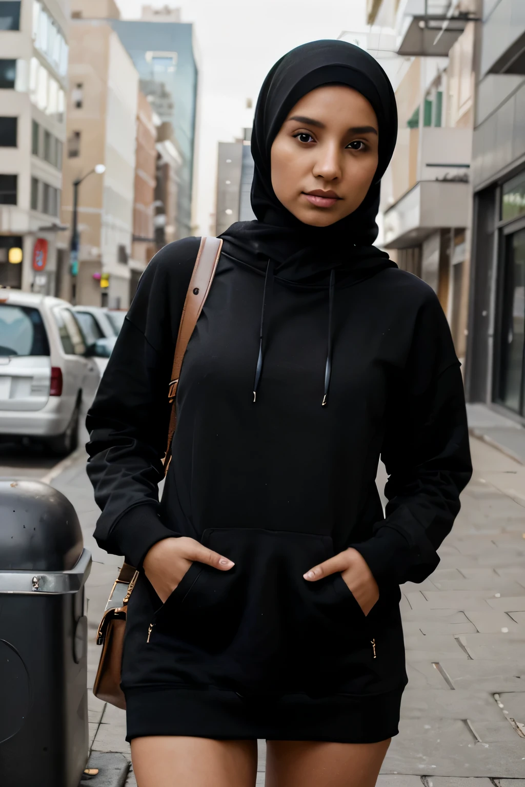 a young fashionable woman wearing a hijab, in a urban city, wearing a plain black hoodie, 2:3 ratio, modest, standing facing the camera looking at the camera, model, fashion
 realistic photography