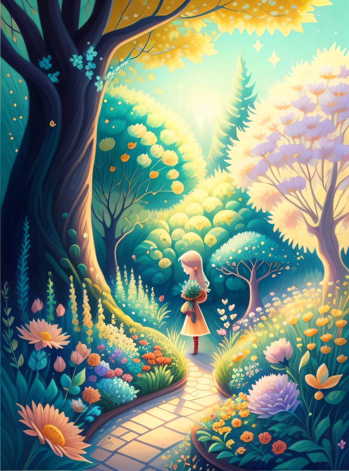 jardim de sonho, Trees, flores, Bonito, cabelos de cores claras, olhos azuis, teia, a fairy tale illustration, Uma obra-prima sob luz brilhante, arte deslumbrante! A arte da magia, arte de conto de fadas, arte inspiradora, obras de arte requintadas