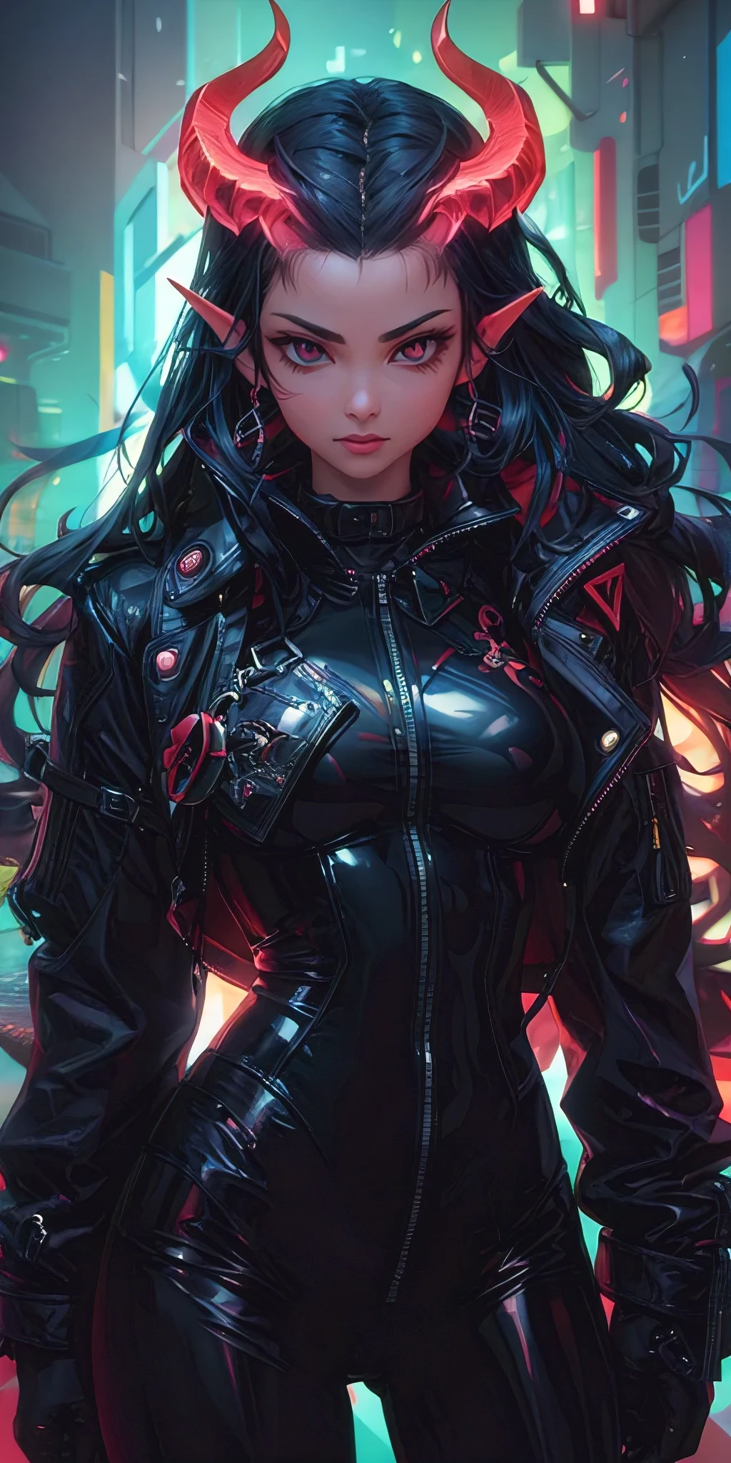 Superbly attractive demon girl, rainbow, slim thick build waifu, leather jacket, leather pants, hyper-feminine curves, futuristic ornaments, intergalactic scifi themed, hyperdetailed futuristic alien city, in style of digital vector art, eye-catching composition, masterful art execution, vibrant, spellbinding, photorealistic, anime realism by artgerm and gerald brom, uhd, sharp focus