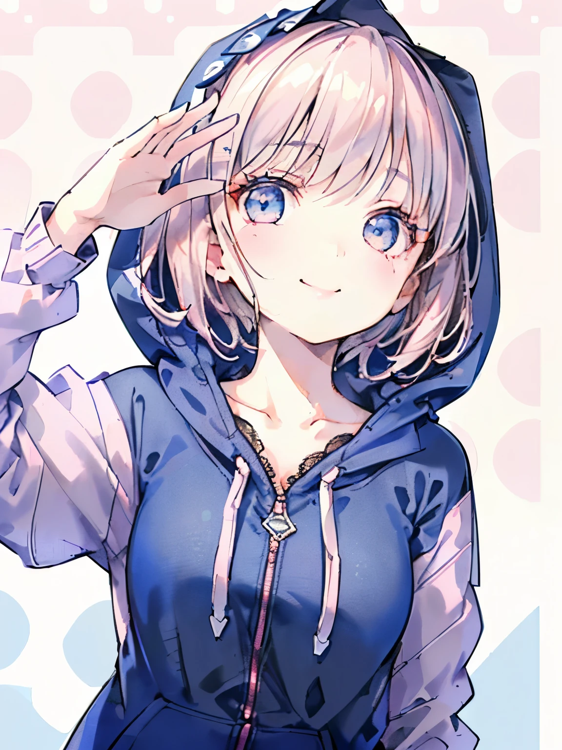 girl,(straight short hair:1.2),((clothes made with lace:1.3)),((I'm fidgeting embarrassingly:1.2)),((Open your mouth and smile shyly, looking up.:1.3)),((perspective from above:1.4)),((close up of face)),((polka dot background:1.2)),(Wearing a zippered hoodie:1.3),(Pink, light blue and white)
