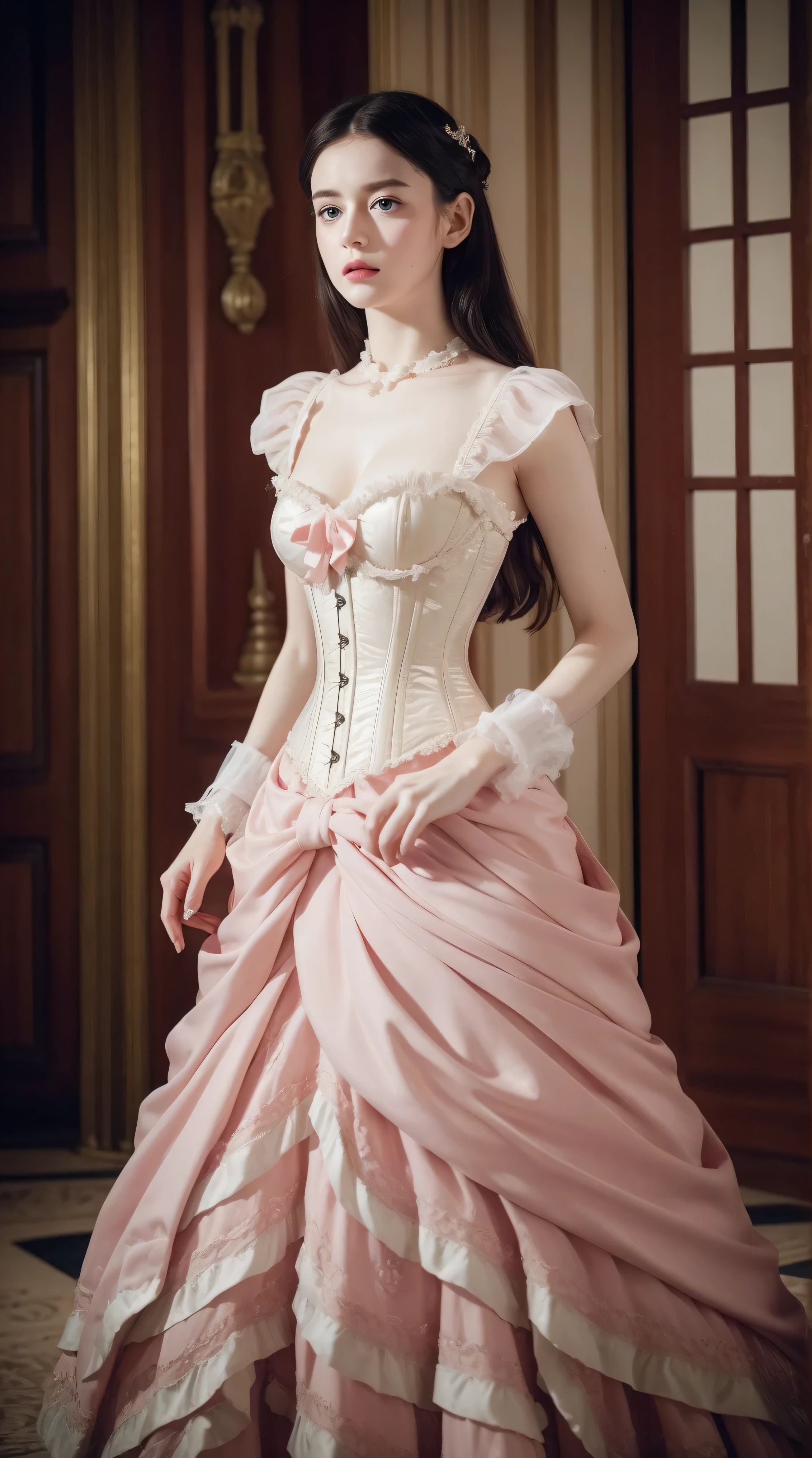 Masterpiece, perfect long legs, corset, large pink and white Victorian dress, wavy black hair, blue eyes, inside a castle, standing, elegant, small pointy nose, pretty, princess