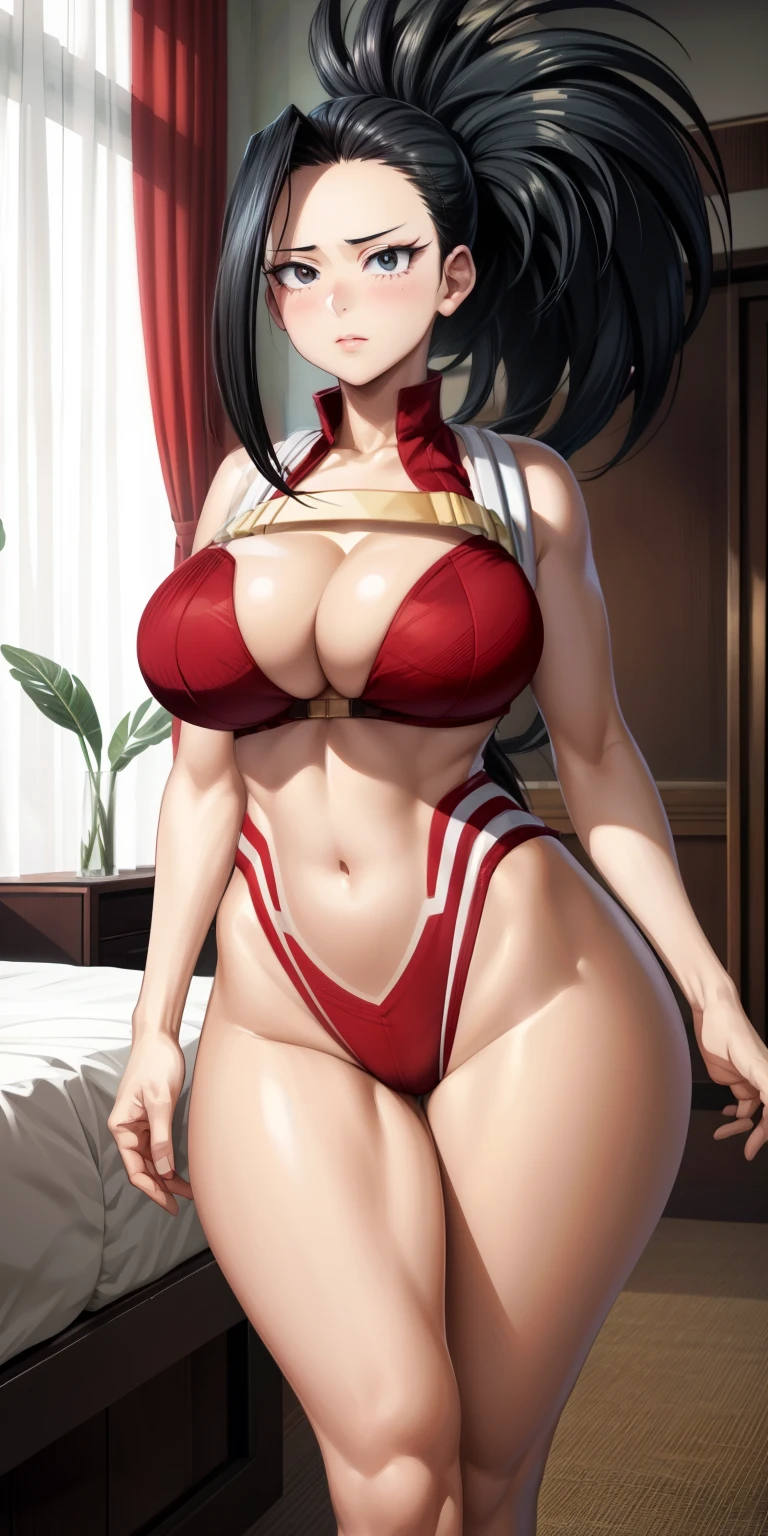 big breasts, 1girl, ((Momo Yaoyorozu)) ((boku no hero)) She has an extremely sexy body, with full breasts and a thin waist, and extremely sexy body, sexy and bold lingerie, has a youthful appearance, quality, realistic, best quality, sexy position, night, bedroom