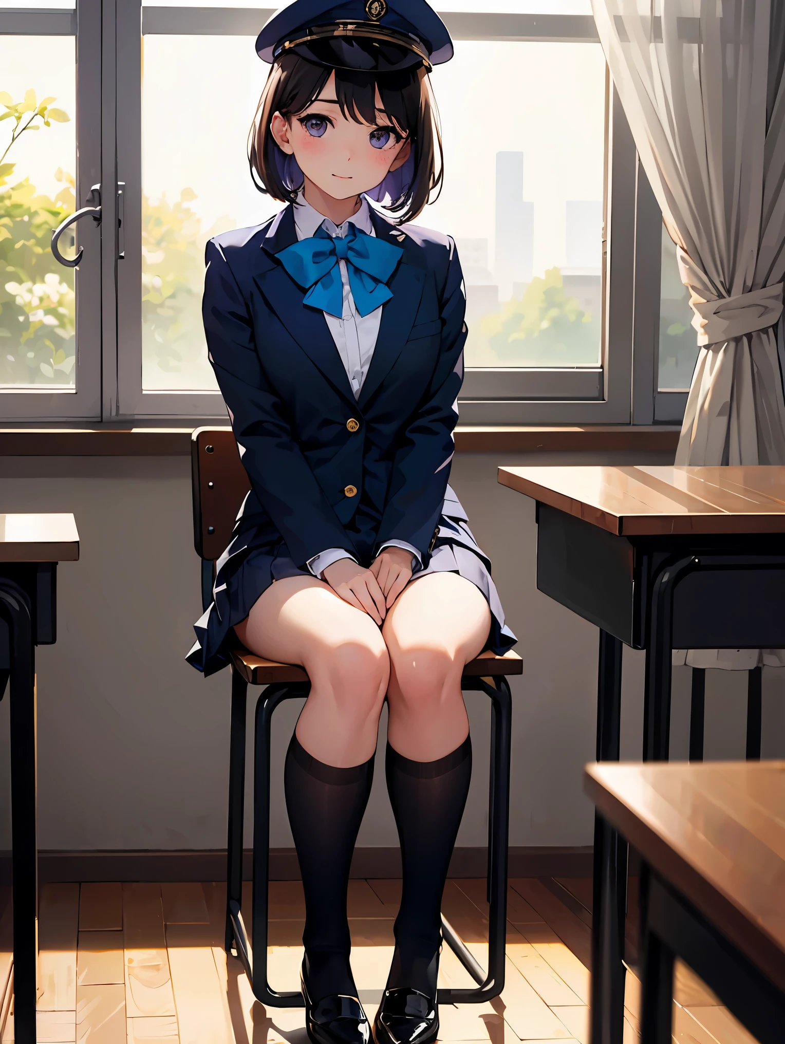 (masterpiece:1.2, top-quality), (realistic, photorealistic:1.4), beautiful illustration, (natural side lighting, movie lighting),
looking at viewer, 1 woman, japanese, 22 years old, high school teacher, perfect face, cute and symmetrical face, shiny skin, babyface,
(short hair, straight hair, dark brown hair), hair between eyes, dark purple eyes, (middle breasts, seductive thighs, big ass), piercings,
beautiful hair, beautiful face, beautiful detailed eyes, beautiful clavicle, beautiful body, beautiful chest, beautiful thigh, beautiful legs, beautiful fingers,
((navy jacket, close jacket, navy tight skirt, white collared shirt), black pantyhose), purple neck ribbon, high heels,
(beautiful scenery), evening, class room, blackboard, squatting, (lovely smile, upper eyes),