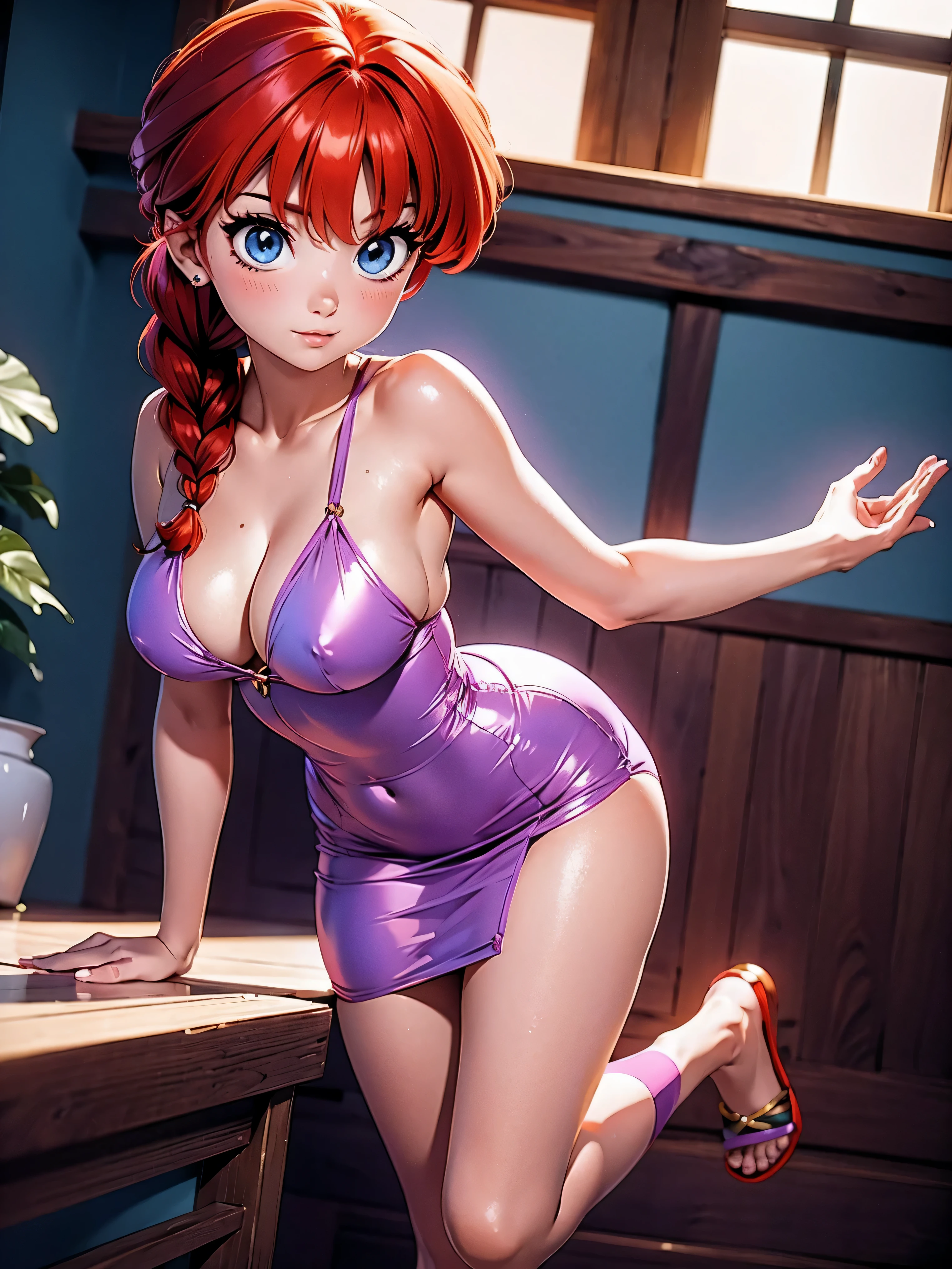 Garota anime ruiva com vestido de casamento purple longo, , corpo bonito, seios grandes, with your hands behind your head, running your hands through your hair, garota sexy, red hair with braid, gorgeous lighting, sombras suaves, olhos azuis, pernas bonitas, hair with braid, estilo anime, Ranma Chan, Autora Rumiko Takahashi, Baseado em obra de Rumiko Takahashi, Anime Ranma 1/ 2, decote sexy, quadril robusto, corpo inteiro, corpo completo, busto grande, garota jovem com corpo belo e bonito, sandals on the feet, garota 16 anosbaixa estatura, vestido casamento purple comprido lindo, garota anime, estilo anime