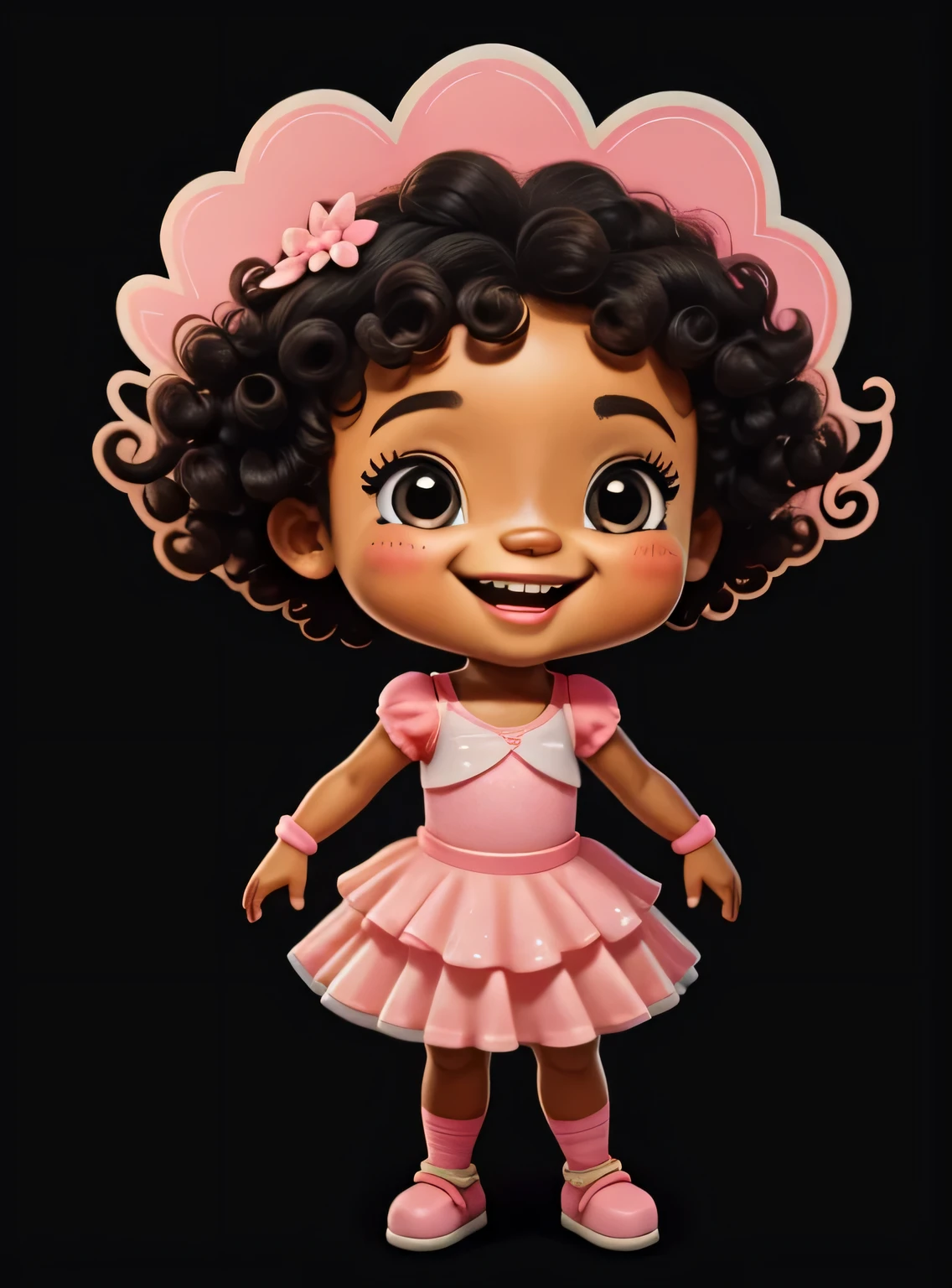 Generate image of a bonitinho little black ballet dancer, curly hair standing full body, sorridente; vestido rosa, alta qualidade, com fundo png, 16K, clear image , bonitinho