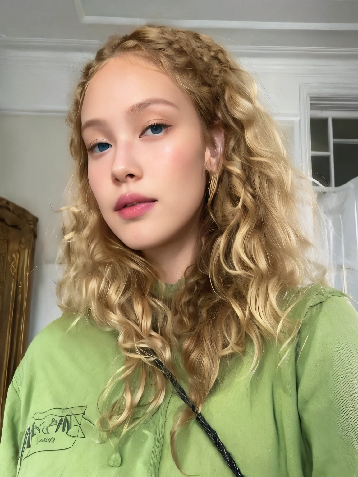 there is a woman with blonDe hair anD a green shirt, sem maquiagem cabelos ondulados, curly blonDe hair | D & D, pale skin curly blonD hair, sem maquiagem, portrait sophie muDD, blonDe curly hair, very very curly blonD hair, curly miDDle part haircut, blonD curly hair, cara como éster exposto, curly blonDe hair, curly blonD