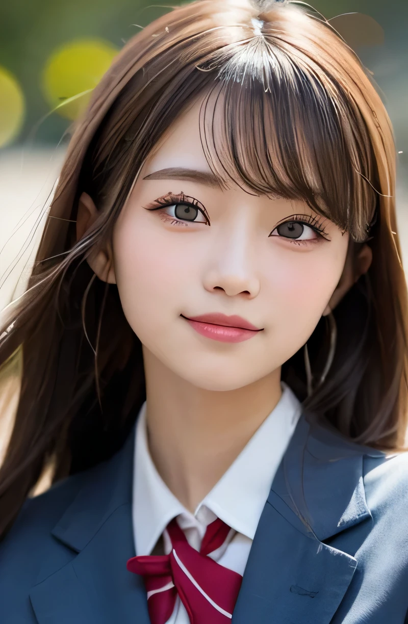table top, highest quality, super detailed, finely, High resolution, 8k wallpaper, perfect dynamic composition, 1 girl, japanese girl, enchanting smile, smile shyly, beautiful, Very good-looking, cute like a doll, female idol, round big eyes, droopy eyes, small nostrils, 緻密でbeautiful目, natural lip,blazer ,school uniform, big breasts, bust shot, soft light, using a reflector, (50mm lens:1.3), f/1.4, (Bokeh:1.4), (blurred background:1.4),
