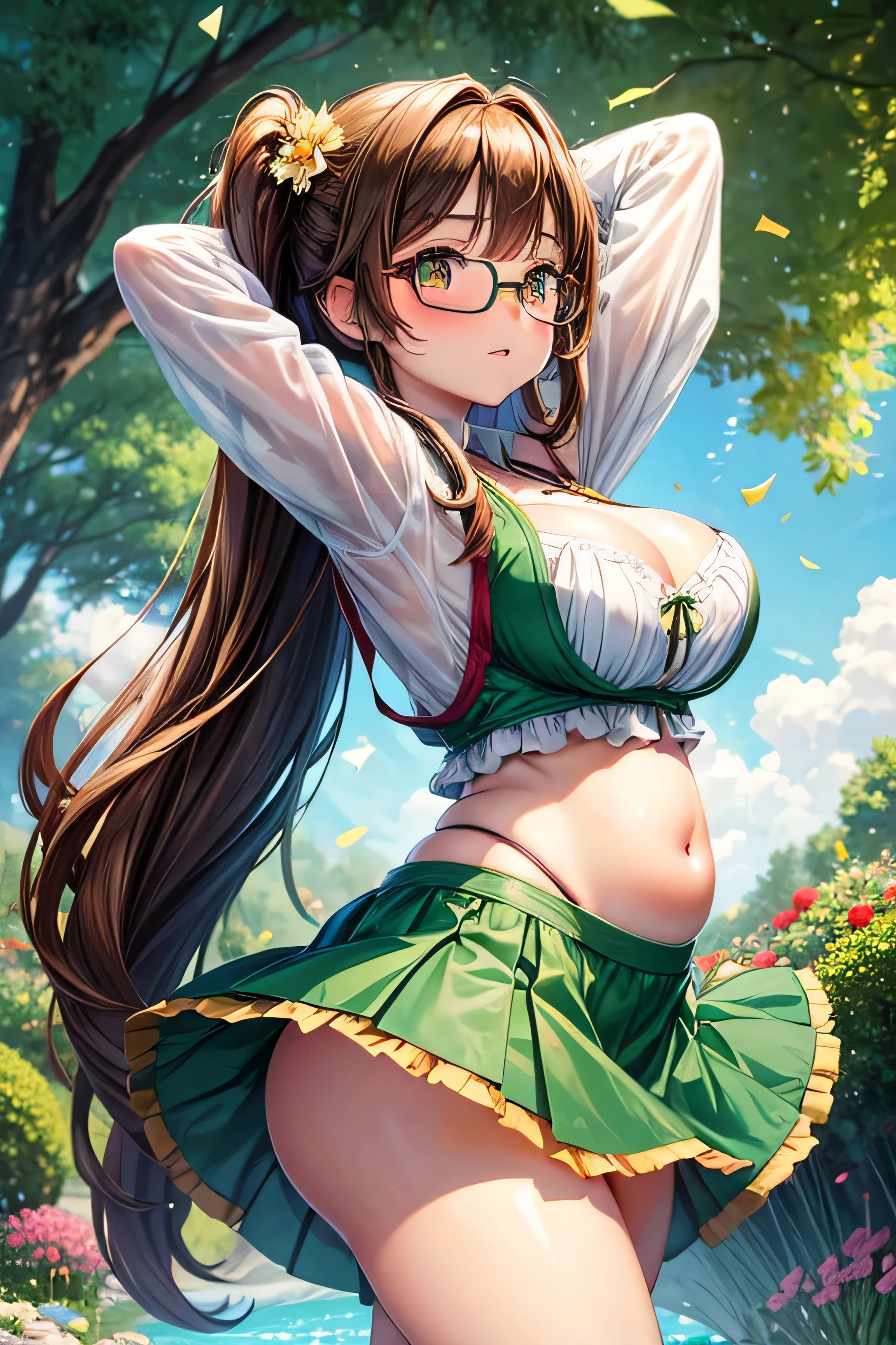 High resolution, high quality, 1 girl, anime girl, brown long hair, brown eyes,heart-shaped pupil, green glasses, tanned skin, big breasts,beautiful breasts,(big ass),beautiful butt,Aqua Cardigan,green dirndl skirt,walk,[[[Pregnant]]],arm behind head,lower body,in the flower field,confetti,
