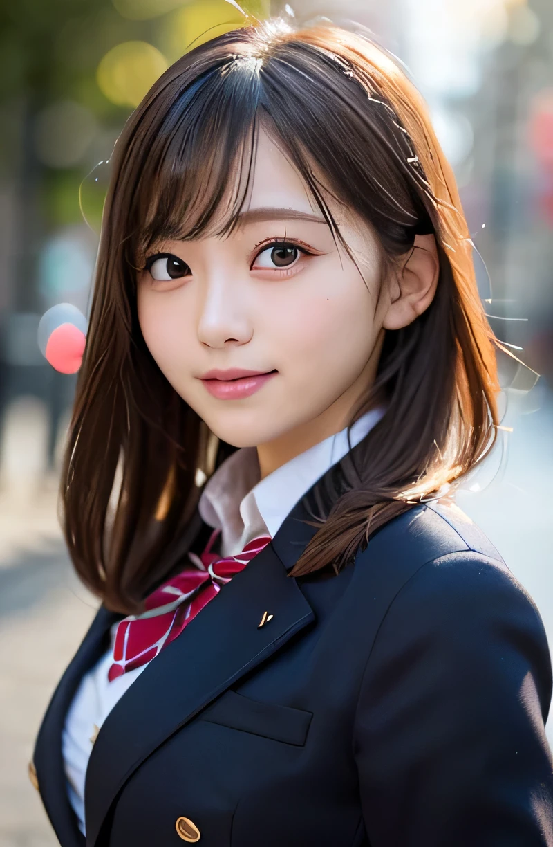 table top, highest quality, super detailed, finely, High resolution, 8k wallpaper, perfect dynamic composition, 1 girl, japanese girl, enchanting smile, smile shyly, beautiful, Very good-looking, cute like a doll, female idol, round big eyes, droopy eyes, small nostrils, 緻密でbeautiful目, natural lip,blazer ,school uniform, big breasts, bust shot, soft light, using a reflector, (50mm lens:1.3), f/1.4, (Bokeh:1.4), (blurred background:1.4),