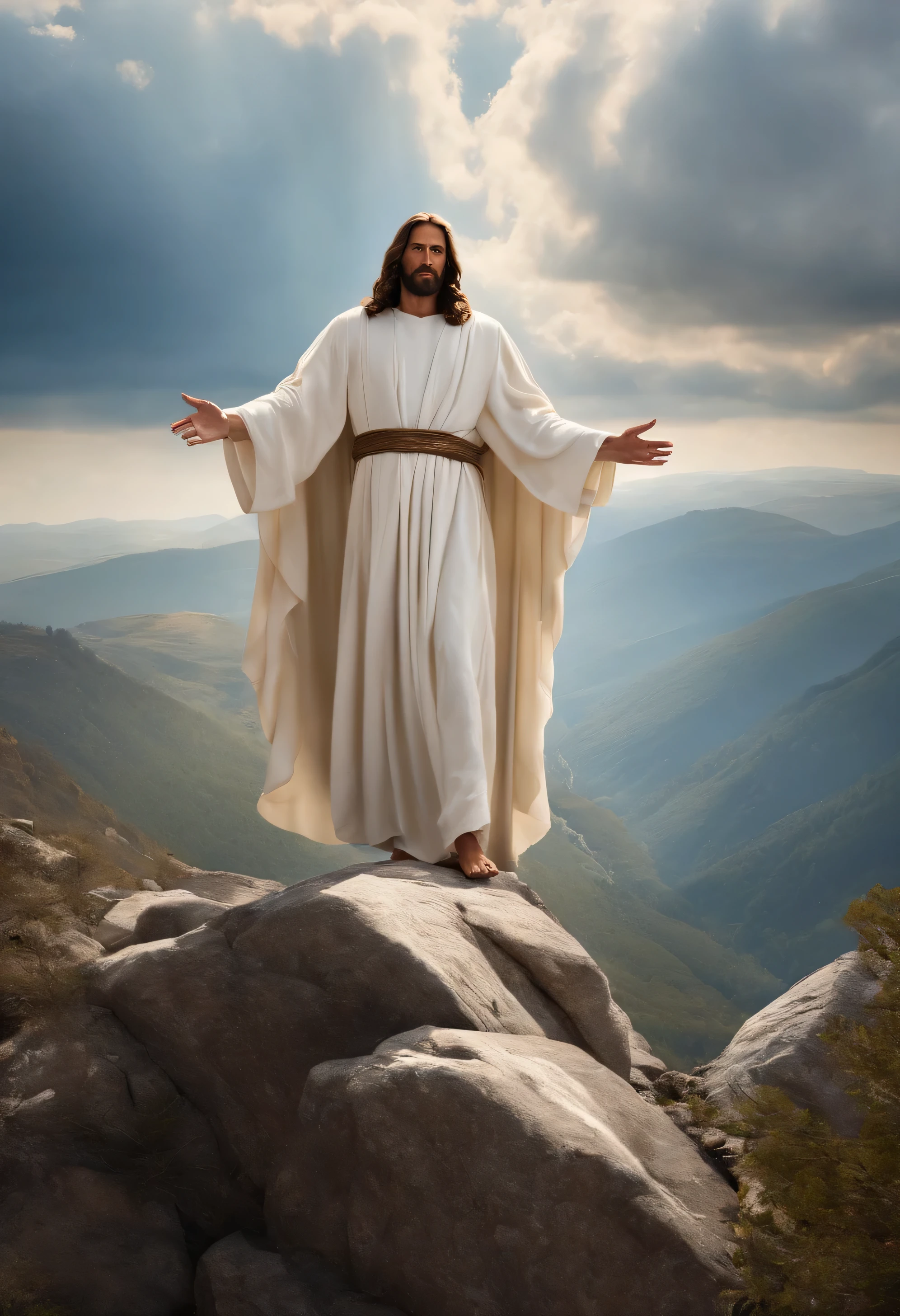 Jesus Christ in a white robe on a mountain during the day