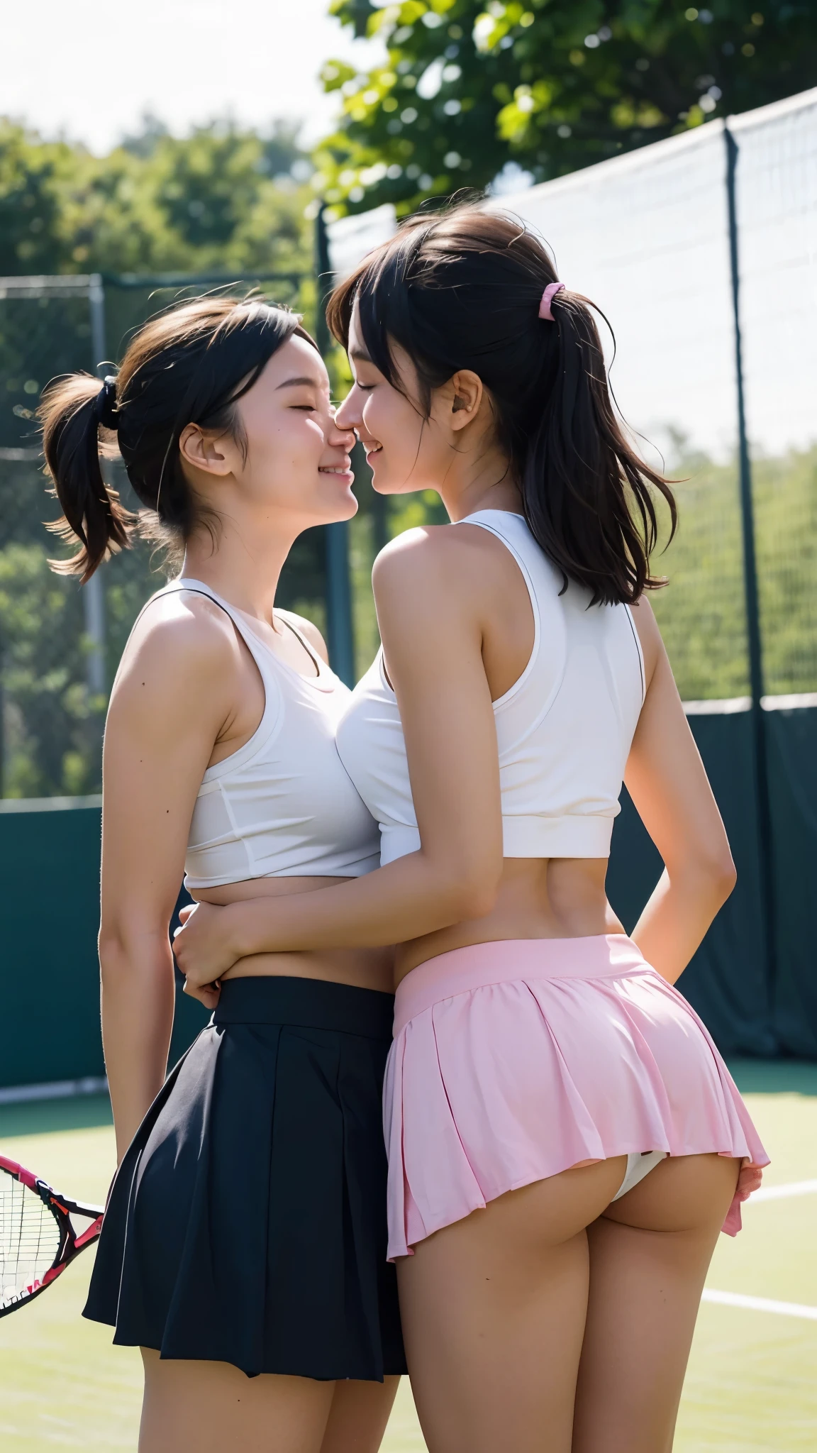 two girls tennis players, beautiful smile, big breasts, transparent underwear, seen from behind, skirt lifted showing panties, lesbian kiss, in a tennis match