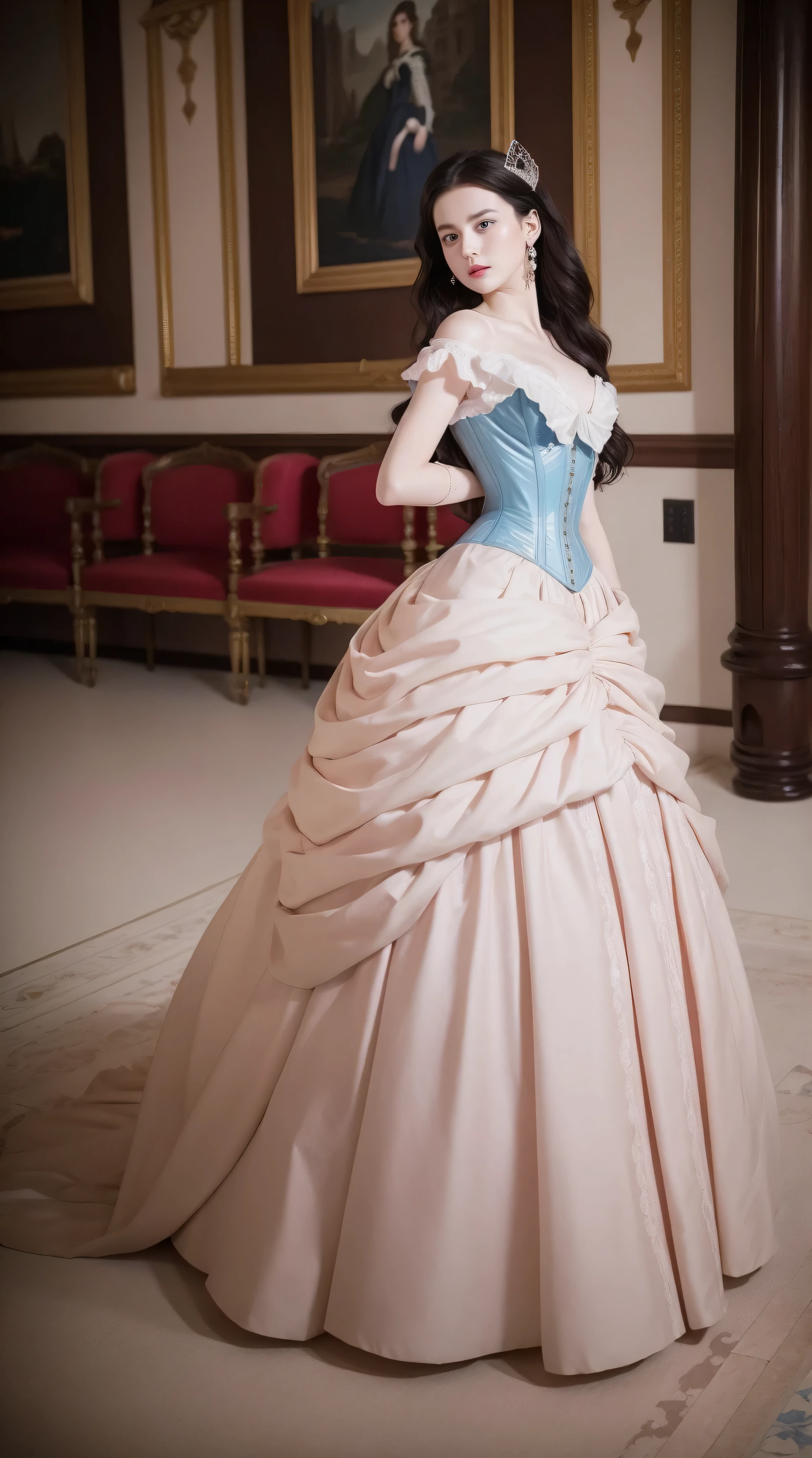 Masterpiece, perfect long legs, corset, large pink and white Victorian dress, wavy black hair, blue eyes, inside a castle, standing, elegant, small pointy nose, pretty, princess