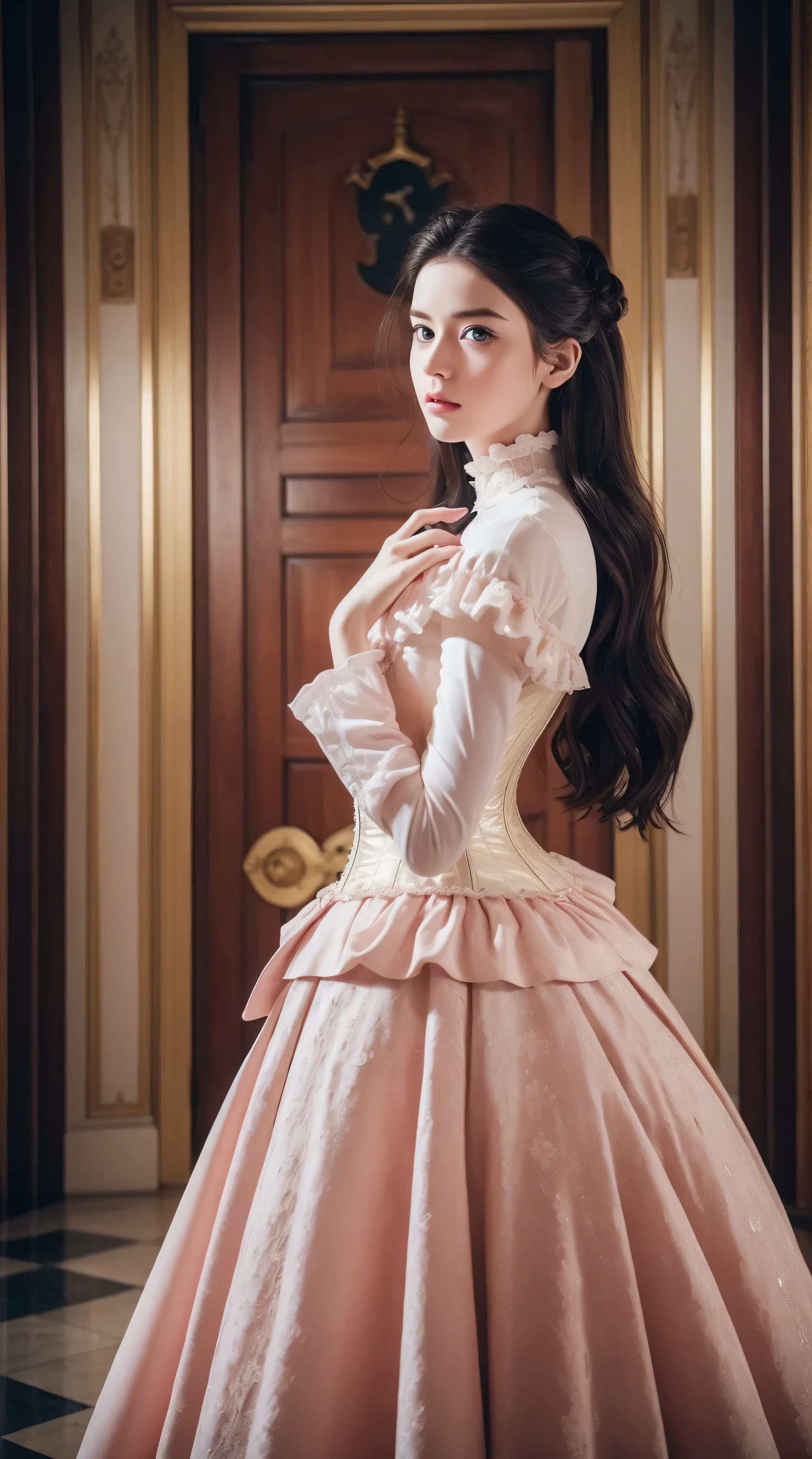 Masterpiece, perfect long legs, corset, large pink and white Victorian dress, wavy black hair, blue eyes, inside a castle, standing, elegant, small pointy nose, pretty, princess