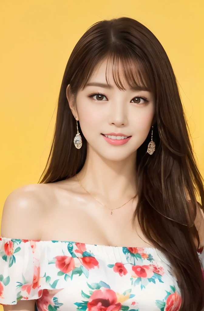 (18-year-old sweetheart), (big breasts:1.3),   seaside town、yellow off-shoulder floral long dress、let your hair blow in the wind、(masterpiece: 1.3), (maximum resolution: 1.4), (Super high quality: 1.2), cinematic light, Super high quality,make one&#39;My cheeks turned red:1.2、 (beautiful eyes and skin), (detailed facial features), nffsw, 8K resolution, perfect style, beautiful expression、Highly detailed face and skin texture、detailed eye、double eyelid、glitter eyeliner:1.2、shiny skin、（pure white skin:1.8)、（white skin:1.8)、red rouge、dark lipstick:1.2、small shiny necklace and earrings、（glossy lips:1.2)、glossy lips:1.2、((full body shot:1.2))、(straight hairstyle、light brown hair)、long hair、(very kind smile:1.3)、175cm、Asahi