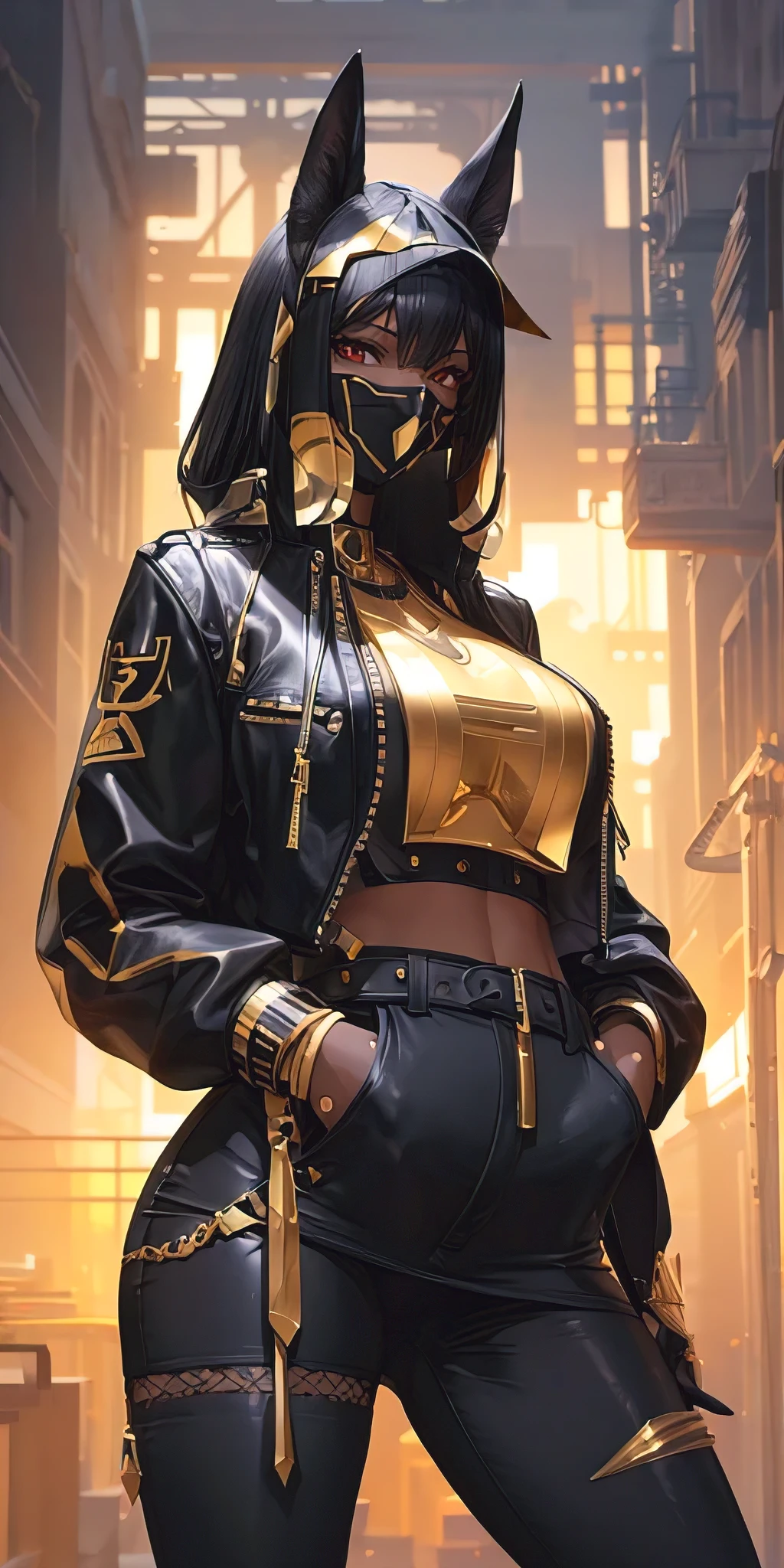superbly attractive goddess anubis, rebellious, slim thick build waifu, leather jacket, leather pants, slim waist, wide hips, thick thighs, huge breasts, hyper-feminine, futuristic ornaments, futuristic egyptian motif, hyperdetailed future cityscape, in style of digital vector art, eye-catching composition, masterful art execution, vibrant, spellbinding, photorealistic, uhd, sharp focus
