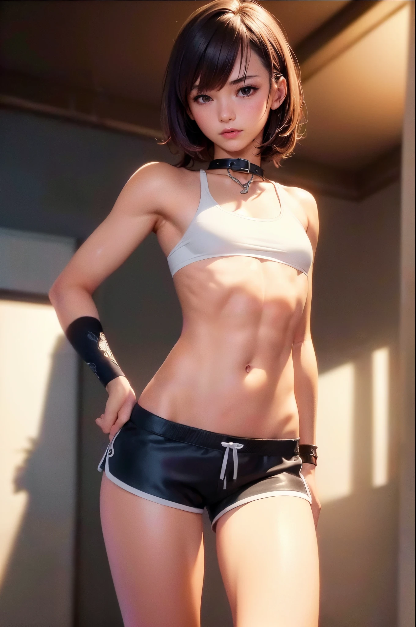 ((medium chest, tomboy, small head), (cut abs: 1.1), (short wavy hair: 1.2), auburn, collar, chain, full body, workout, sweat, femboy, lid ( shorts), (very detailed CG 8K wallpaper), (very delicate and beautiful), (best quality: 1.0), (super high resolution: 1.0), beautiful lighting, perfect lighting, realistic shadows, [high resolution], detailed skins, ultra-detailed ((colorful))