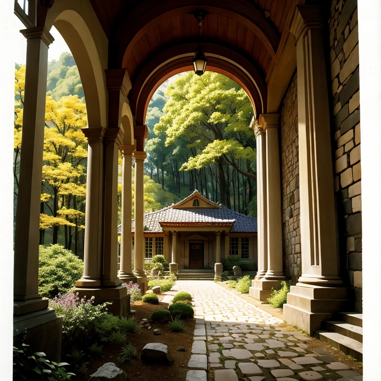 the landscape is very beautiful, dense forest, stone building with columns
