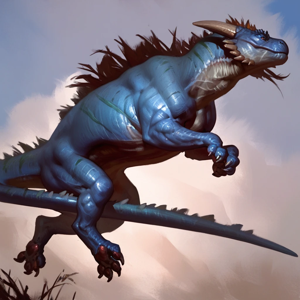 score_9, score_8_up, score_7_up,score_6_up, soft lighting, , amazing background, realistic, drawn by taran fiddler, feral dragon, muscular, muscular legs, huge calves, posing, paws, pawpads, long hair