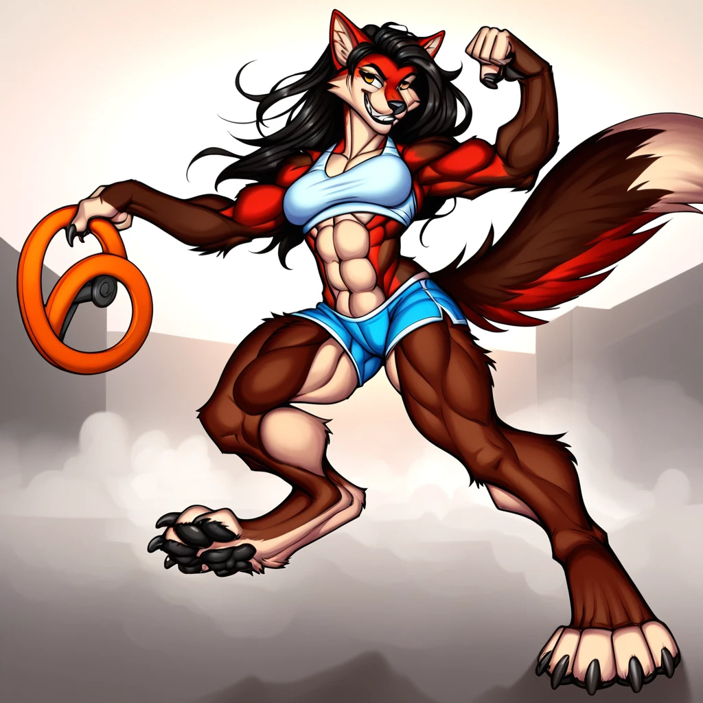 score_9, score_8_up, score_7_up,score_6_up, digital art, soft lighting, , amazing background, source_furry, muscular, abs, female furry anthro wolf, flexing, muscular legs, huge calves, paws, pawpads, sfw, clothed, gym shorts, smiling, long hair,