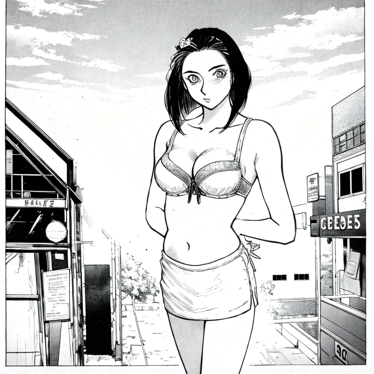 dark hair wearing lingerie on a windy day black and white line art
